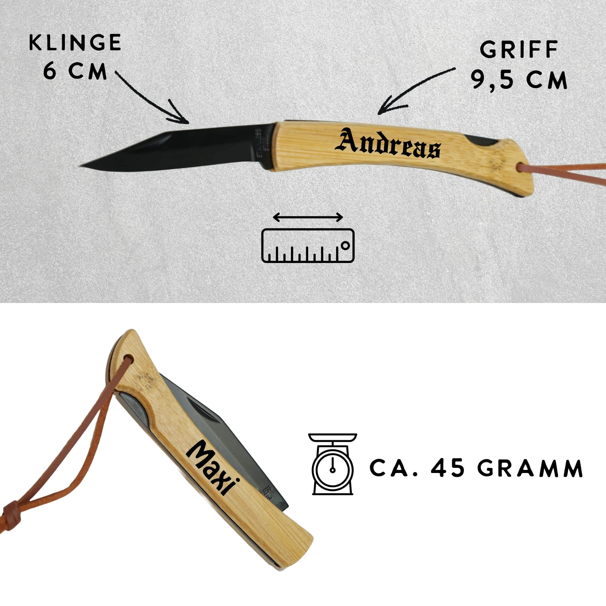 Maße des gravierten Bambus Taschenmessers – 6 cm Klinge, 9,5 cm Griff