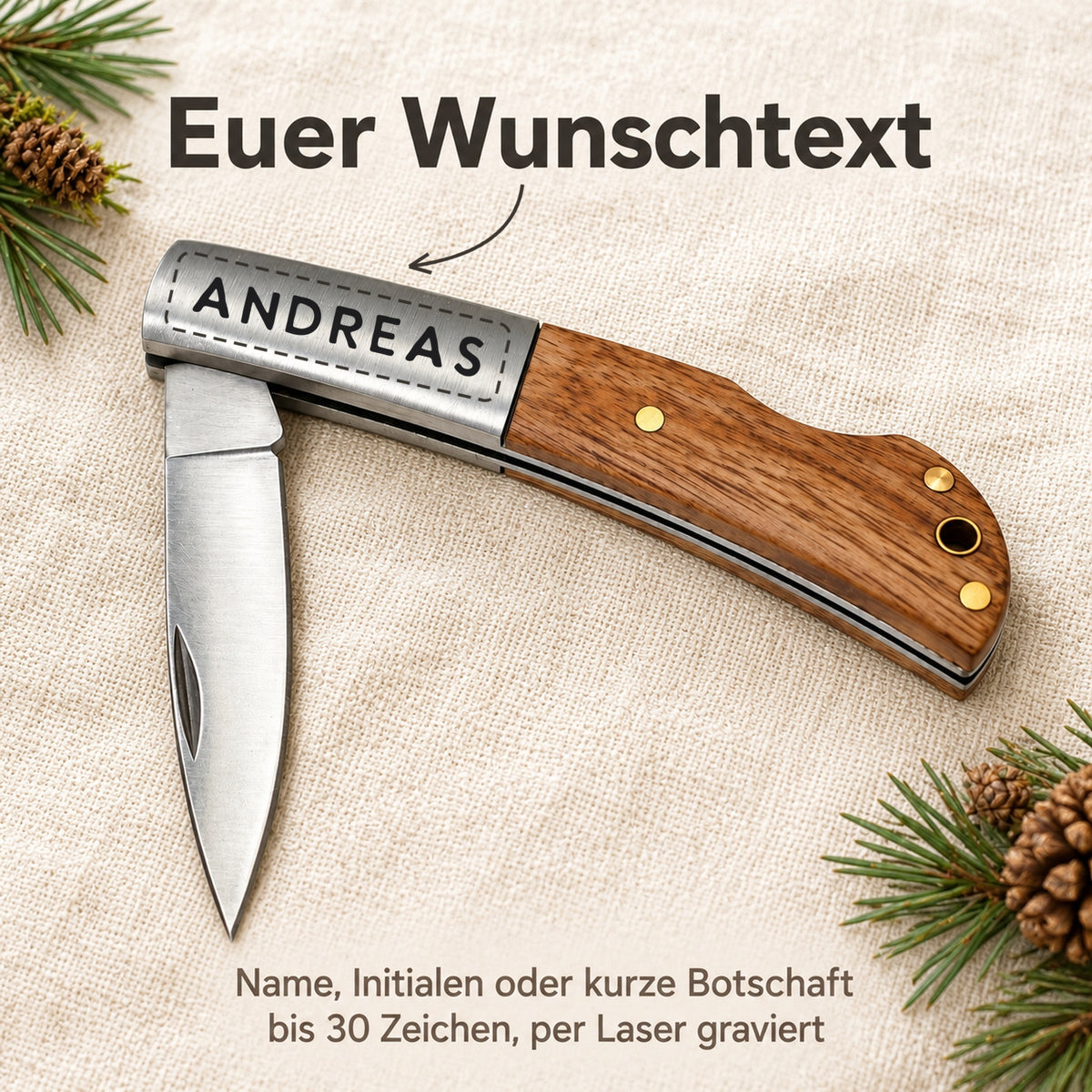 Taschenmesser Forest mit Gravur „Andreas“ auf dem Edelstahlgriff – Wunschtext bis 30 Zeichen per Laser graviert