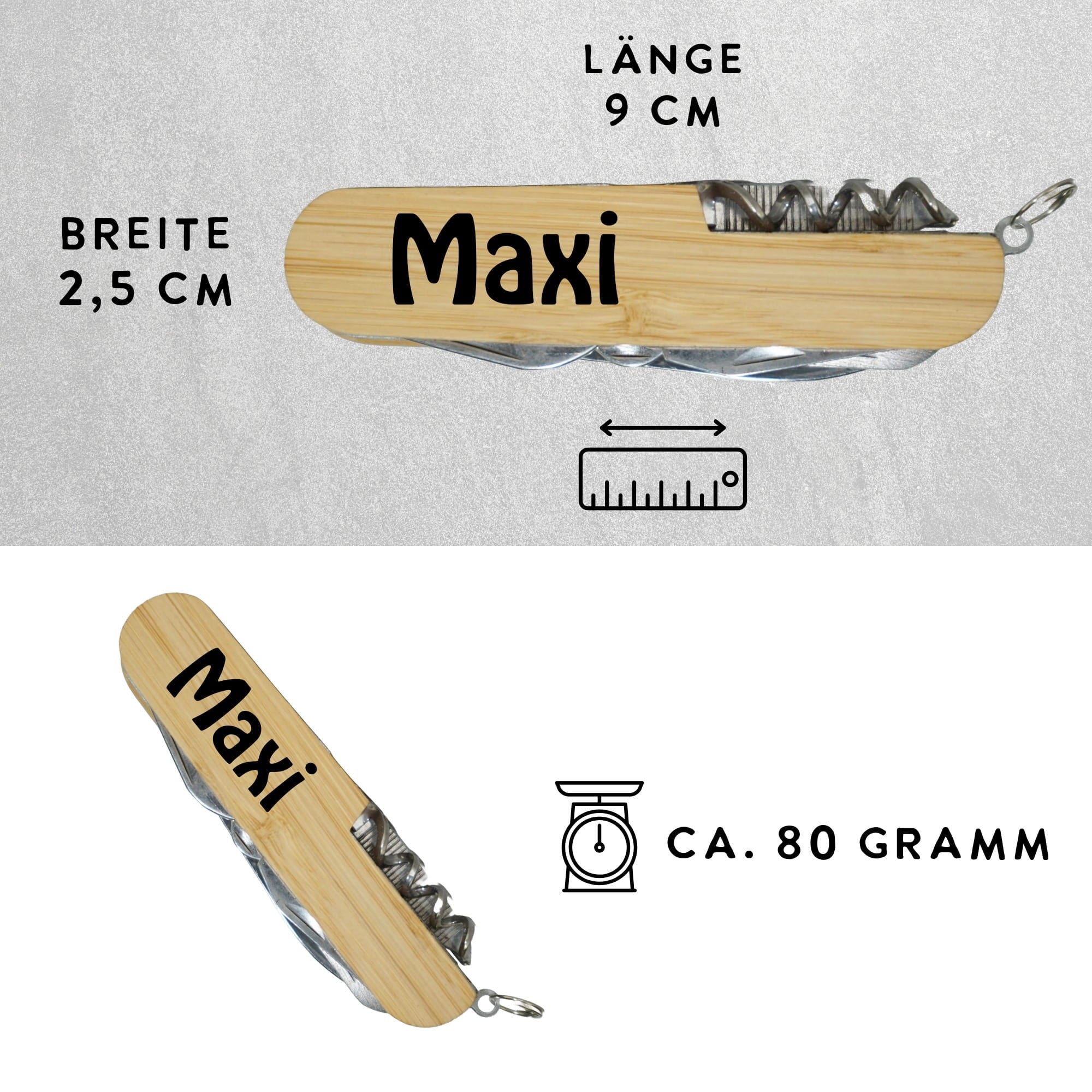 Multitool Taschenmesser aus Bambus mit Gravur – Länge 9 cm, Breite 2,5 cm, Gewicht ca. 80 Gramm