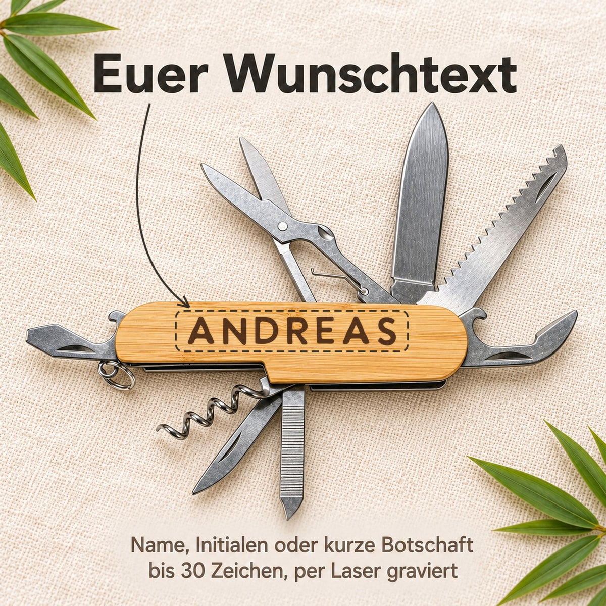 Multitool Taschenmesser mit Gravur „Andreas“ auf dem Bambusgriff – Wunschtext bis 30 Zeichen per Laser graviert