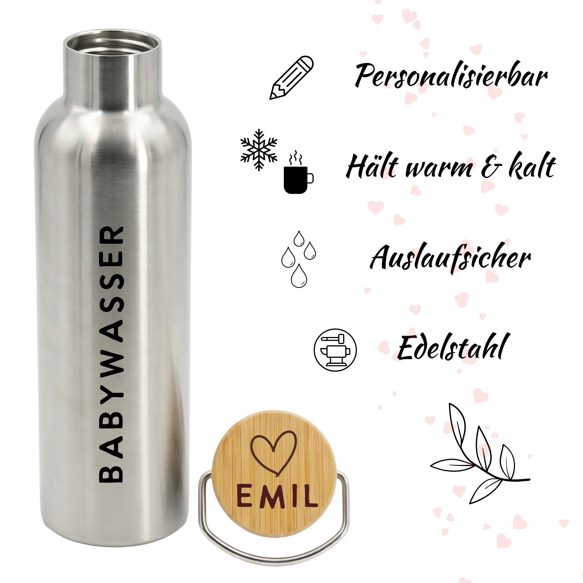 Edelstahl Babywasser Trinkflasche mit Bambusdeckel – personalisierbar, doppelwandig, auslaufsicher
