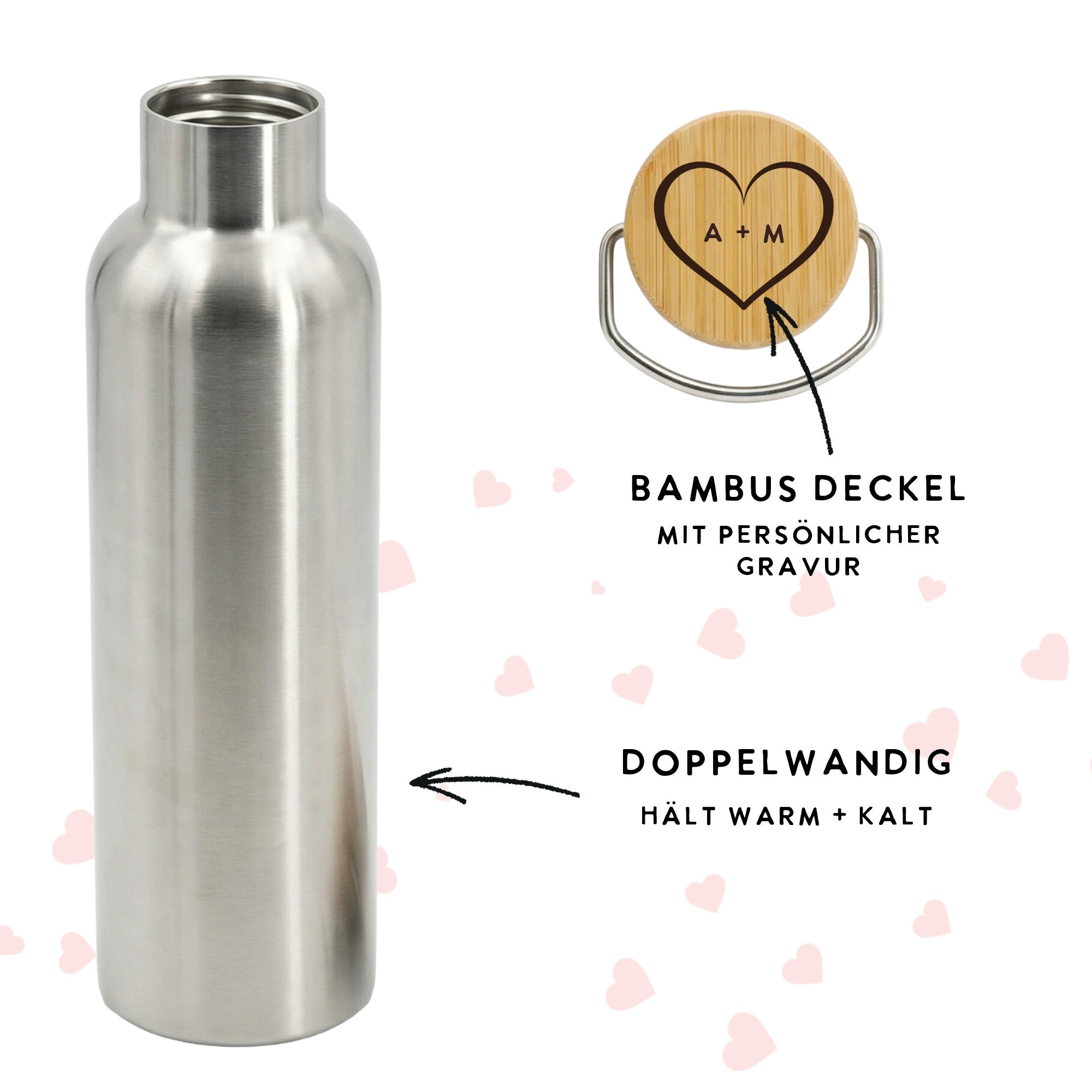 Nahaufnahme Bambusdeckel mit fest graviertem Herzmotiv und individuellem Wunschtext auf Edelstahl Trinkflasche