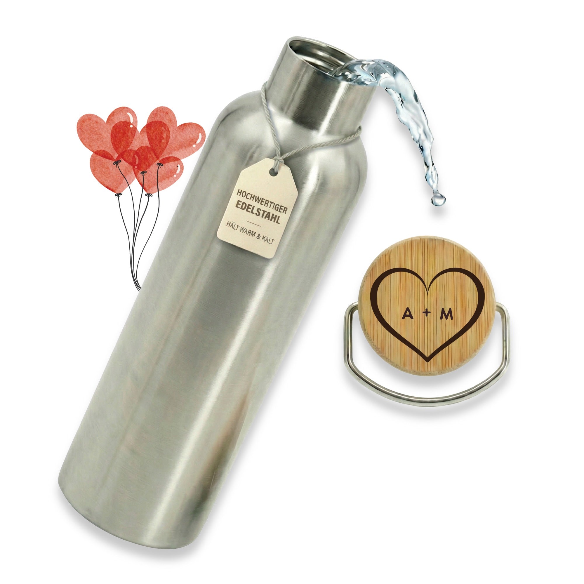 Edelstahl Trinkflasche mit Bambusdeckel und Herzgravur, personalisierbarer Text im Herz, isolierte Thermoflasche für warme und kalte Getränke