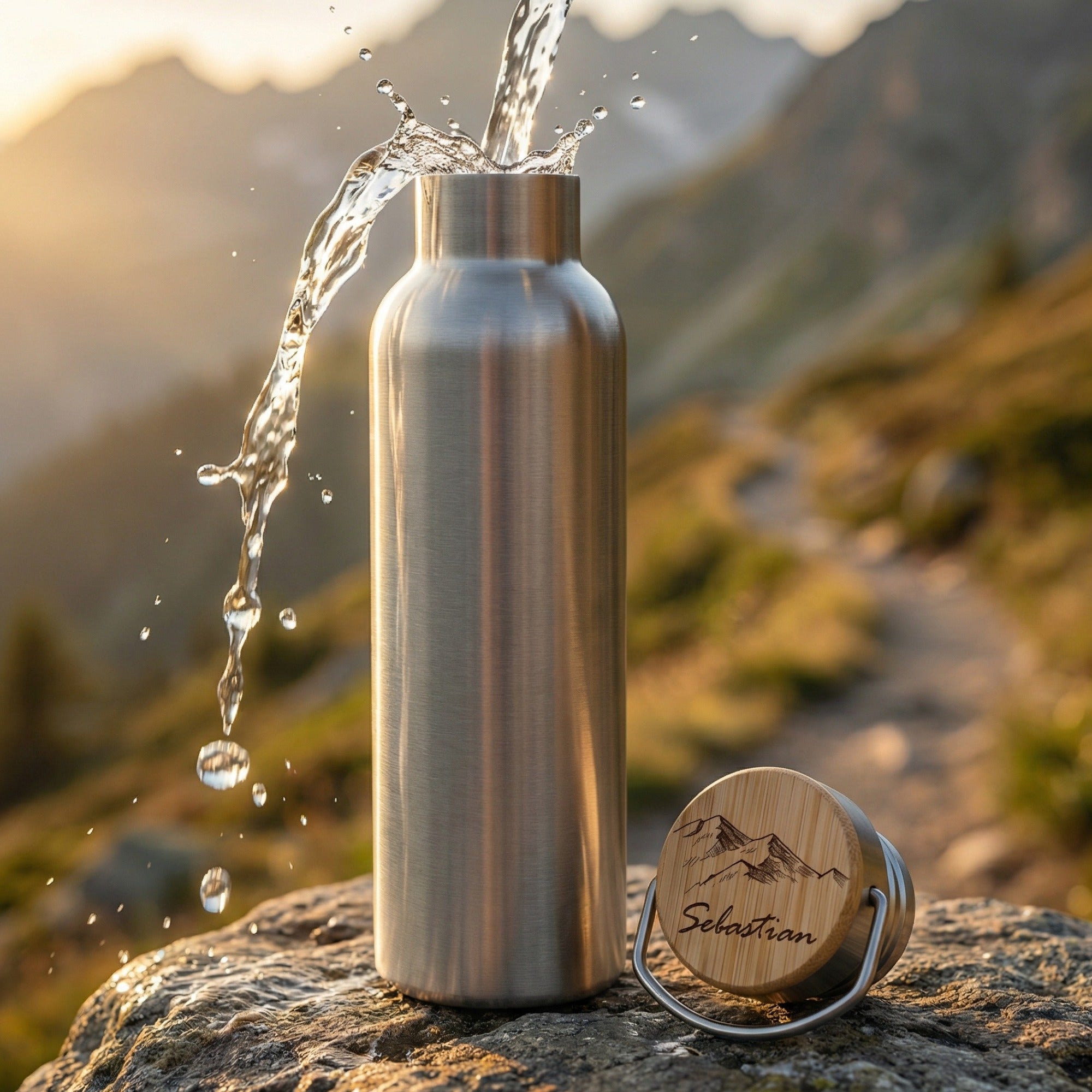 Personalisierte Edelstahl Trinkflasche mit Bambusdeckel und vertiefter Namensgravur steht auf einem Felsen in den Bergen bei Sonnenuntergang, während Wasser dynamisch aus der Flasche fließt – nachhaltige Thermoflasche für Outdoor und Wandern.