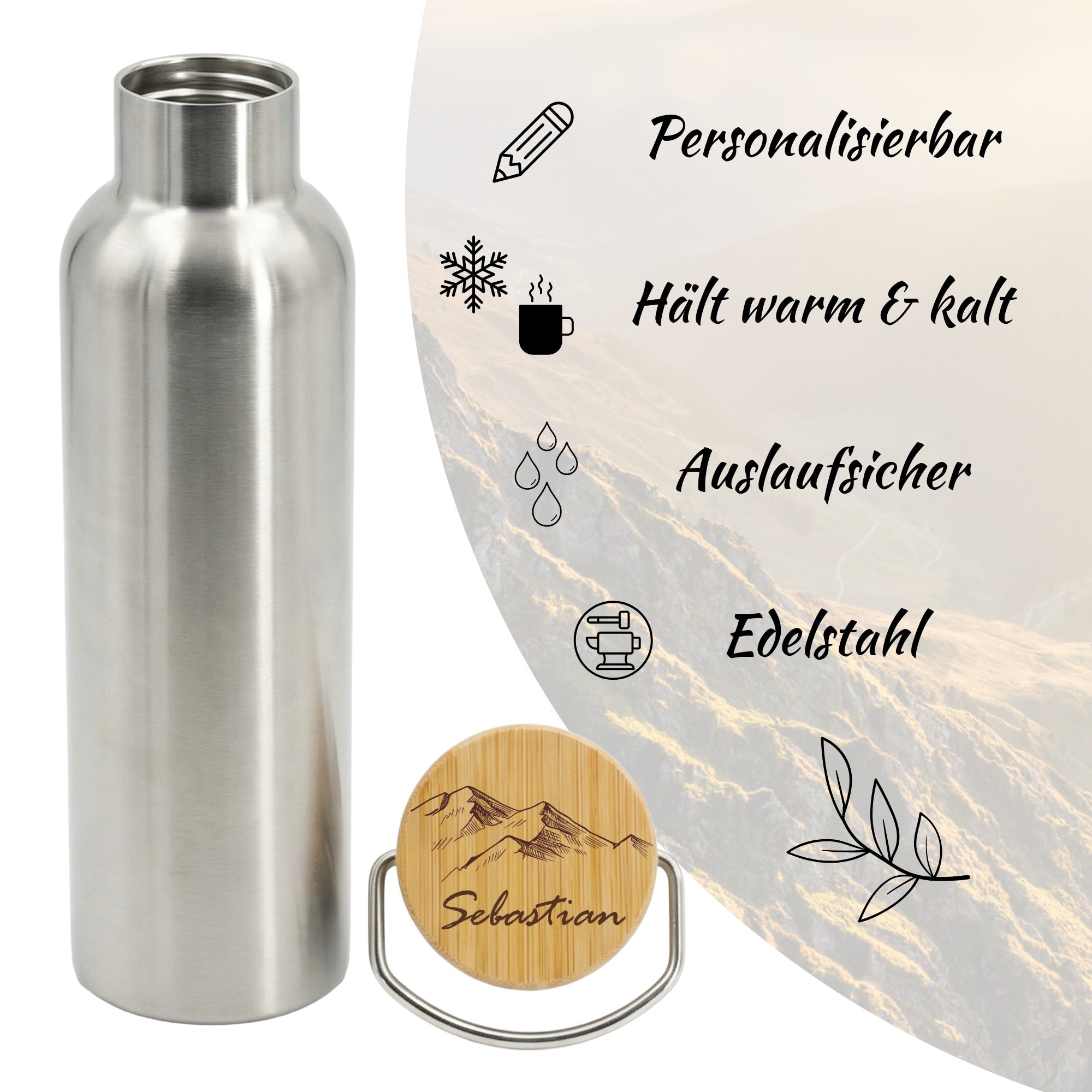 Edelstahl Trinkflasche mit personalisierbarer Gravur und Bambusdeckel neben Übersicht der Eigenschaften wie hält warm und kalt, auslaufsicher und hochwertiger Edelstahl – nachhaltige Thermoflasche für Alltag und Outdoor.