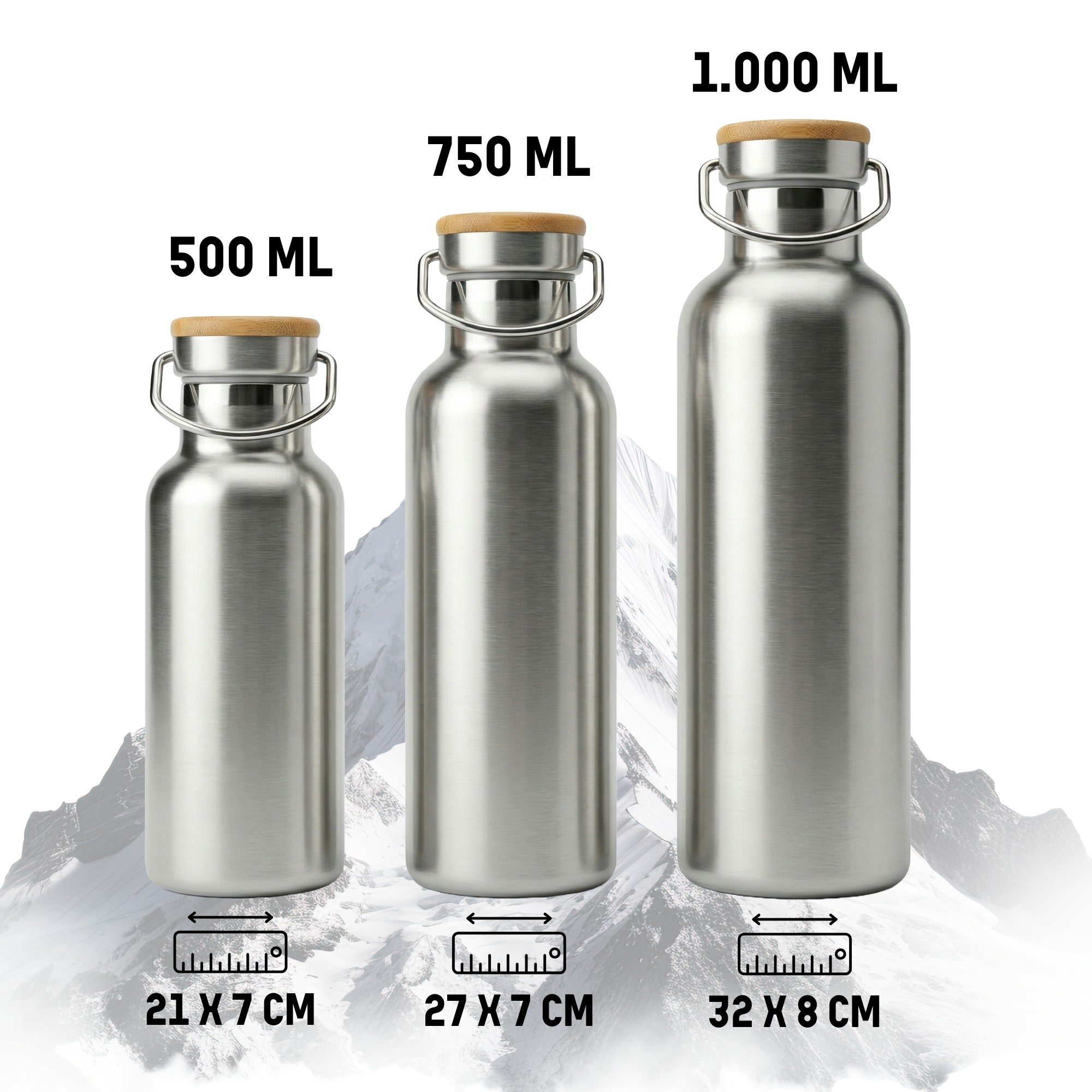 Edelstahl Trinkflaschen mit Bambusdeckel in drei Größen 500 ml, 750 ml und 1.000 ml im Vergleich mit Maßangaben – personalisierbare Thermoflasche für Sport, Wandern und Alltag.
