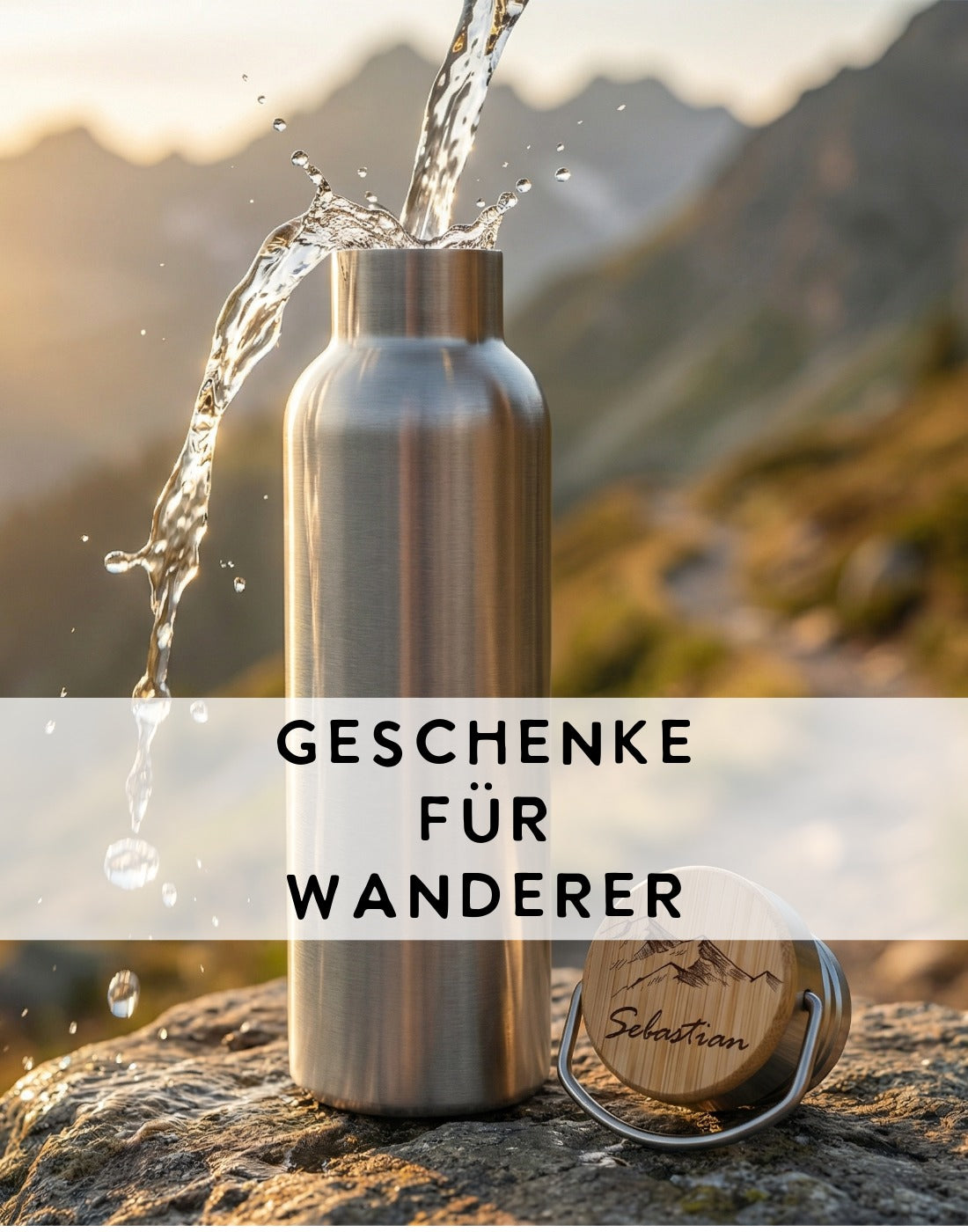 Titelbild für Kategorie Geschenke für Wanderer. Edelstahl Trinkflasche mit Personalisierung.