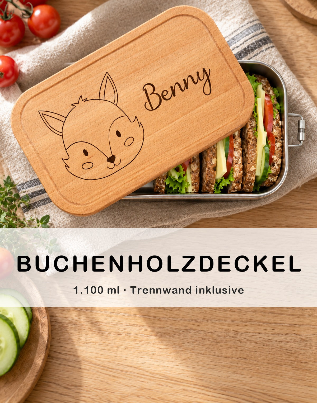 Personalisierte Brotdose mit graviertem Buchenholzdeckel und belegten Broten