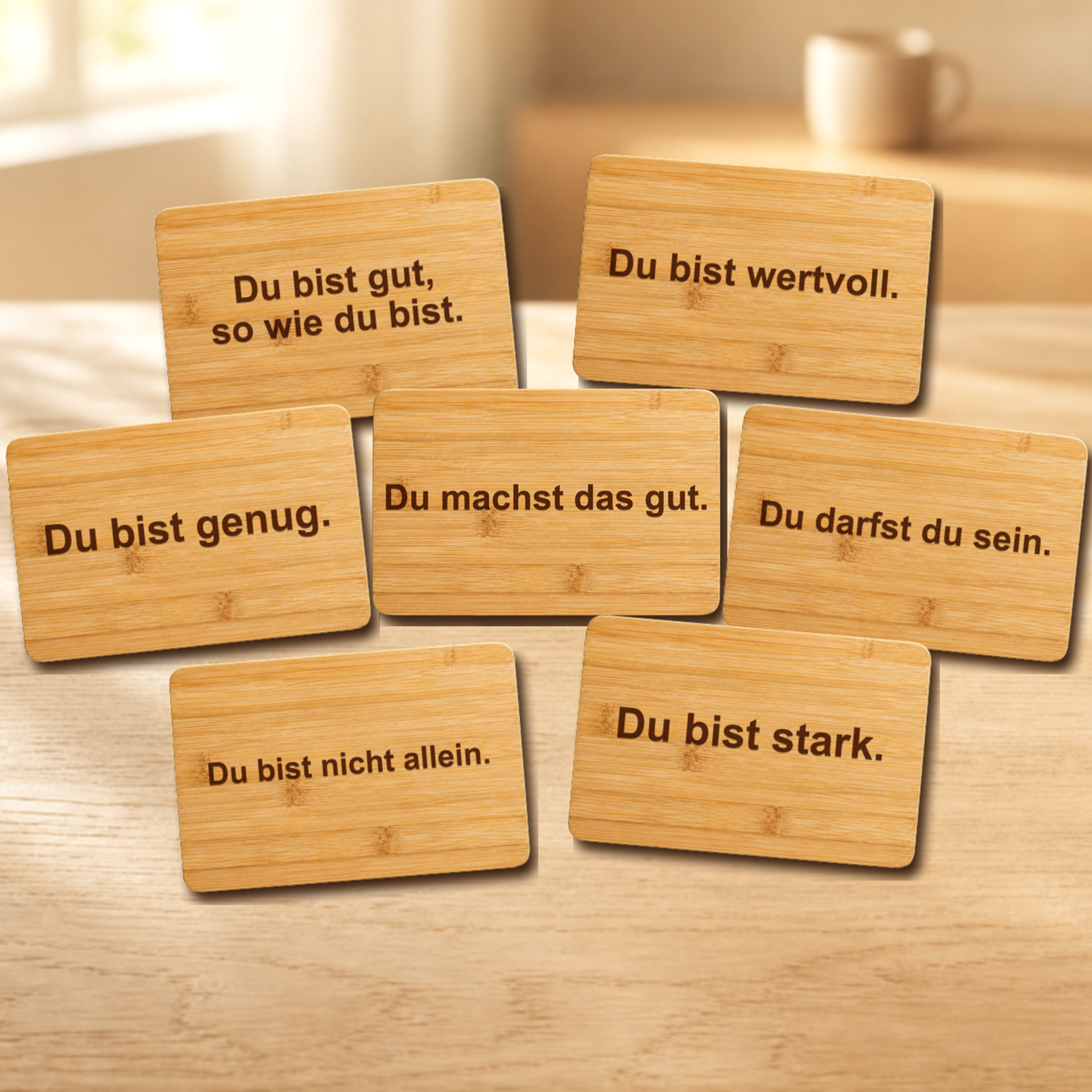 Frühstücksbrettchen Affirmationen Wochenset, 7 Bambusbrettchen mit Gravur