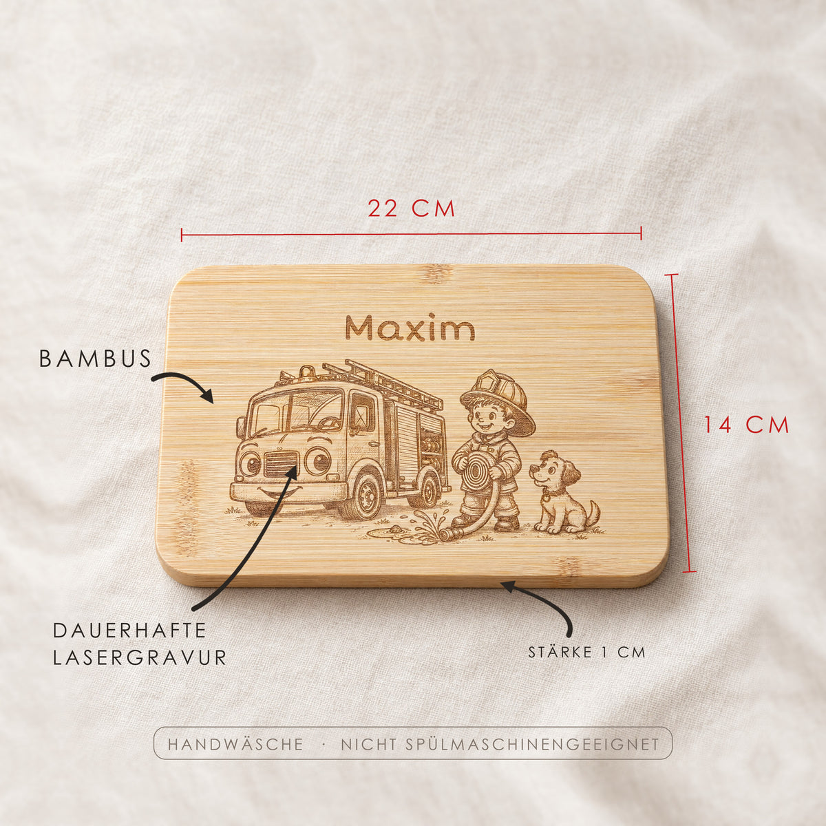 Frühstücksbrettchen Feuerwehr aus Bambus, Maße 22 x 14 x 1 cm, Handwäsche, nicht spülmaschinengeeignet.