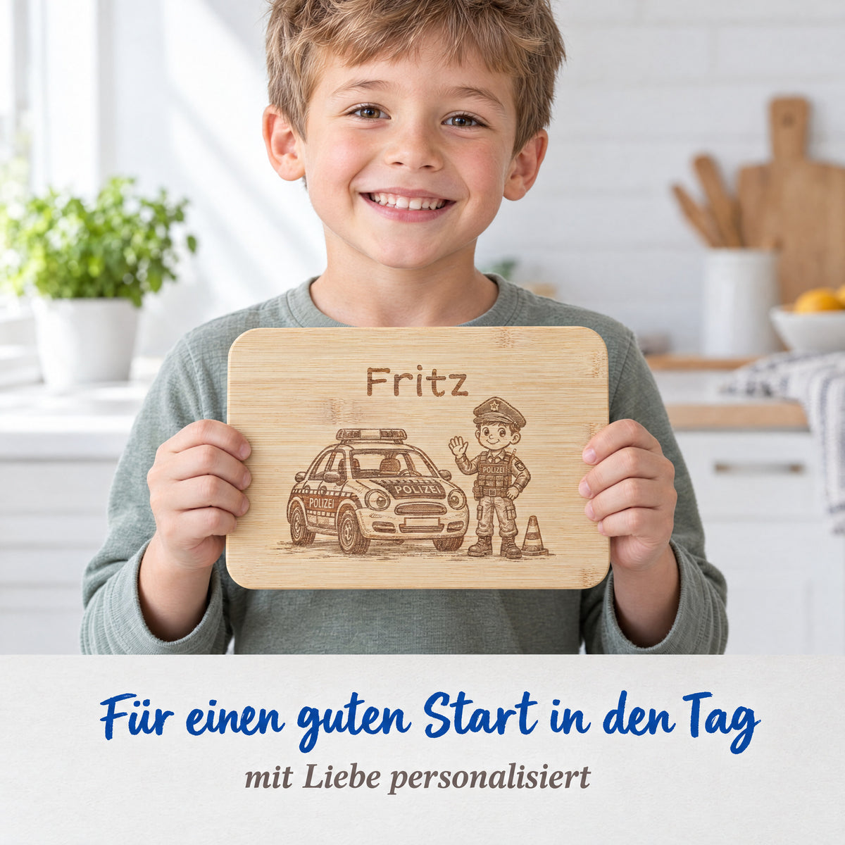 Kind hält das Bambus-Frühstücksbrettchen mit Polizei-Motiv und individueller Wunschgravur in den Händen.