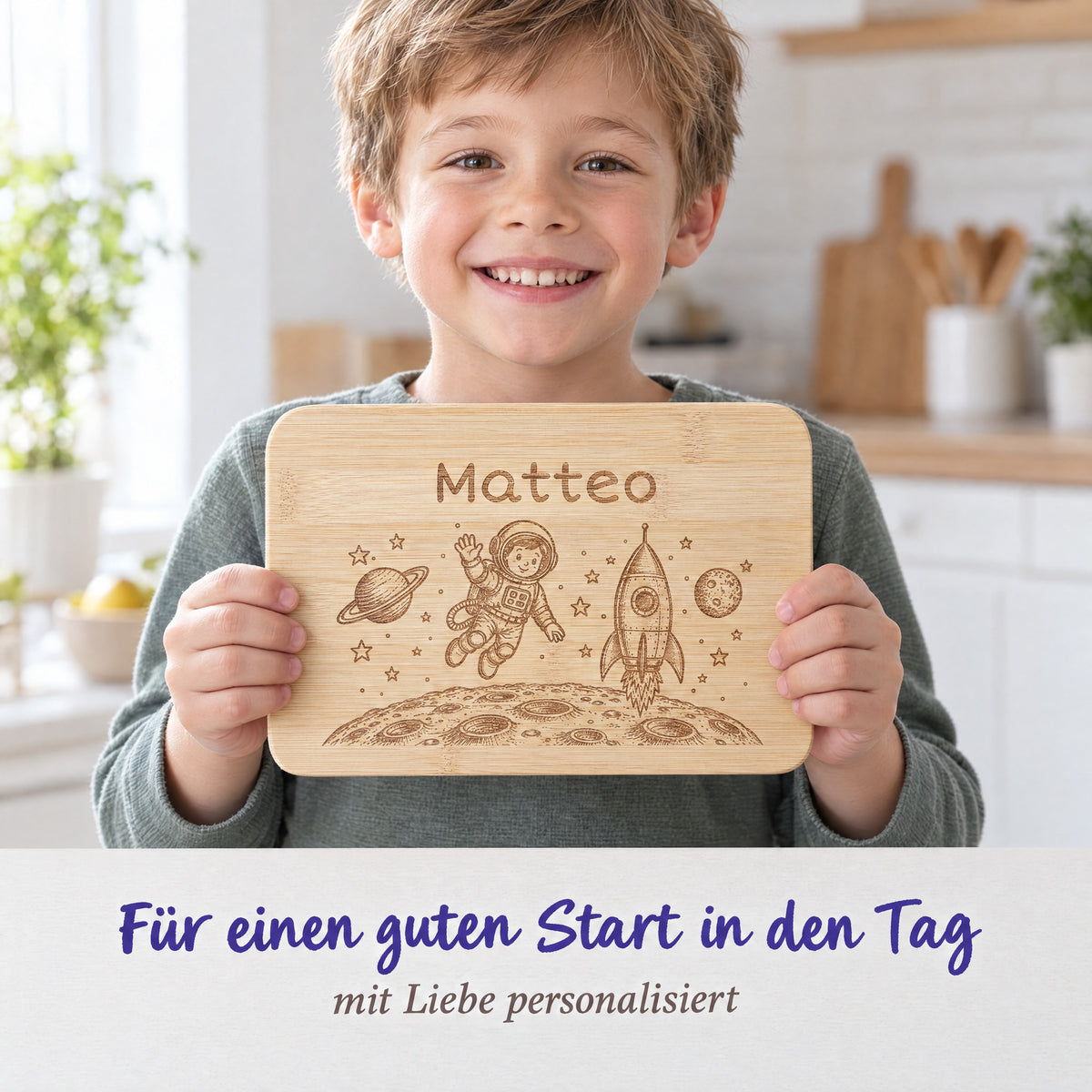 Kind hält das Bambus-Frühstücksbrettchen mit Astronaut-Motiv und individueller Wunschgravur in den Händen.