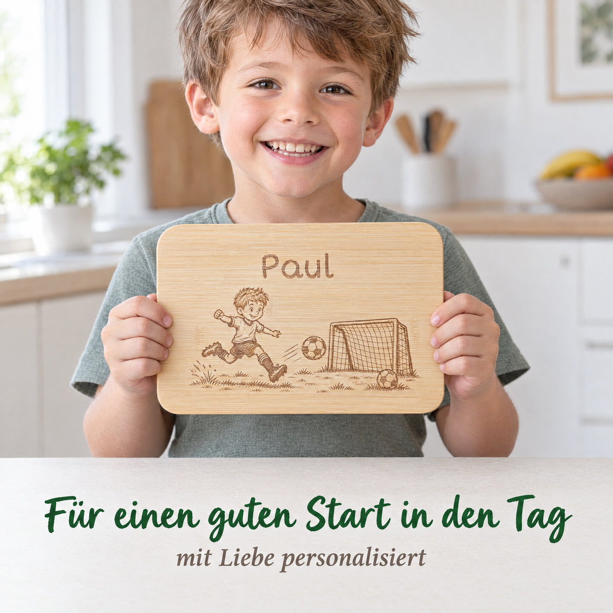 Kind hält das Bambus-Frühstücksbrettchen mit Fußball-Motiv und individueller Wunschgravur in den Händen.