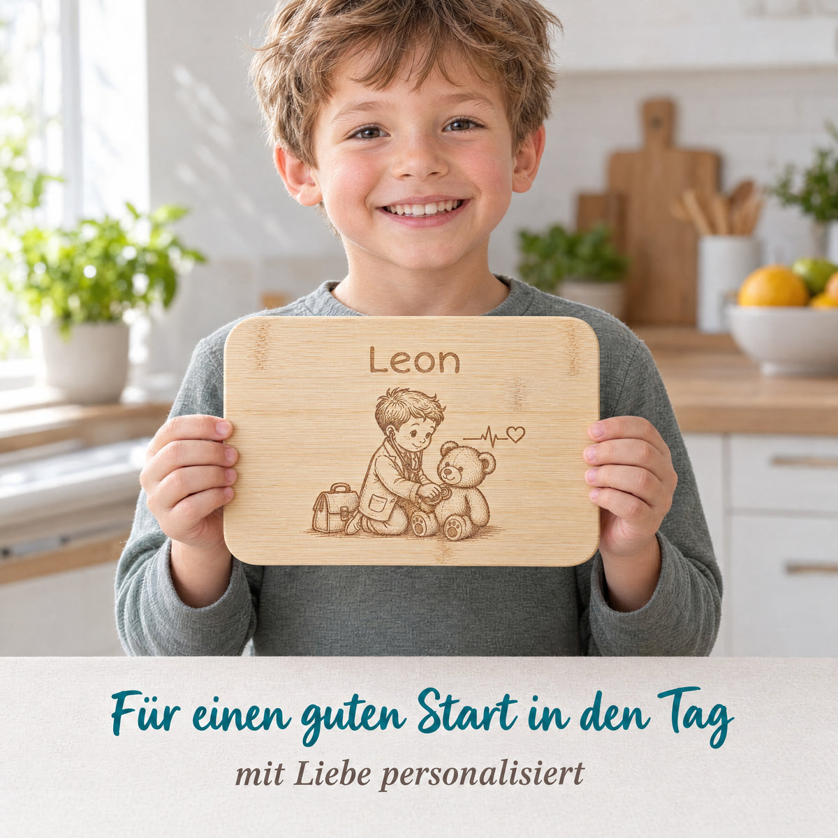 Kind hält das Bambus-Frühstücksbrettchen mit Arzt mit Teddy-Motiv und individueller Wunschgravur in den Händen.