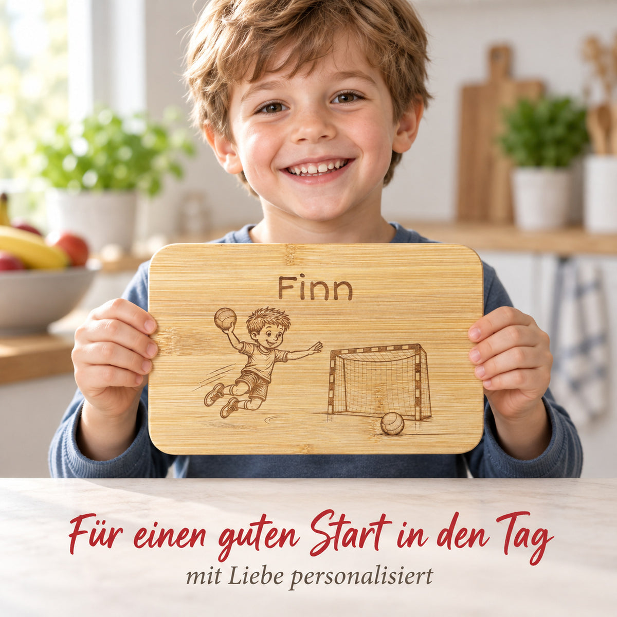 Kind hält das Bambus-Frühstücksbrettchen mit Handball-Motiv und individueller Wunschgravur in den Händen.