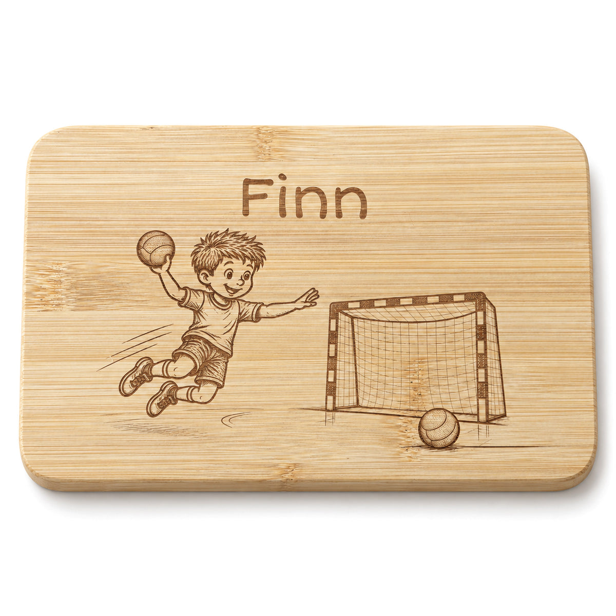 Frühstücksbrettchen Handball aus Bambus mit Lasergravur, freigestellt vor weißem Hintergrund.