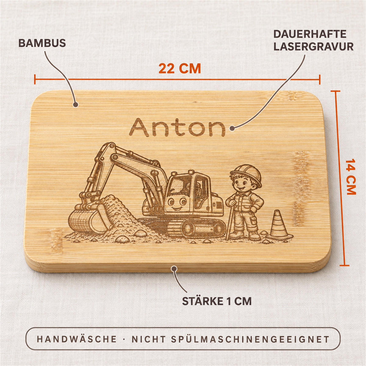 Frühstücksbrettchen Bagger aus Bambus, Maße 22 x 14 x 1 cm, Handwäsche, nicht spülmaschinengeeignet.