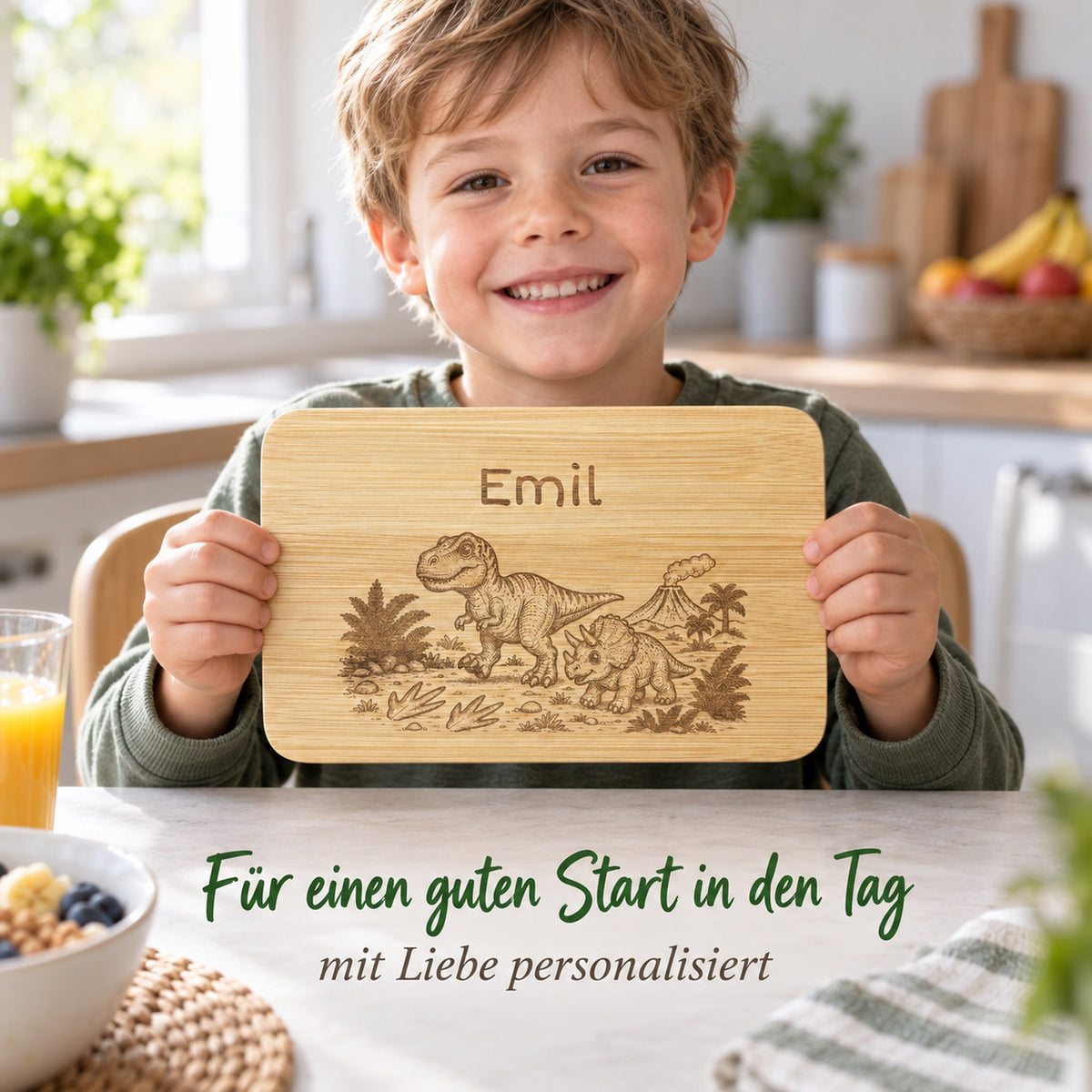 Kind hält das Bambus-Frühstücksbrettchen mit Dino-Motiv und individueller Wunschgravur in den Händen.