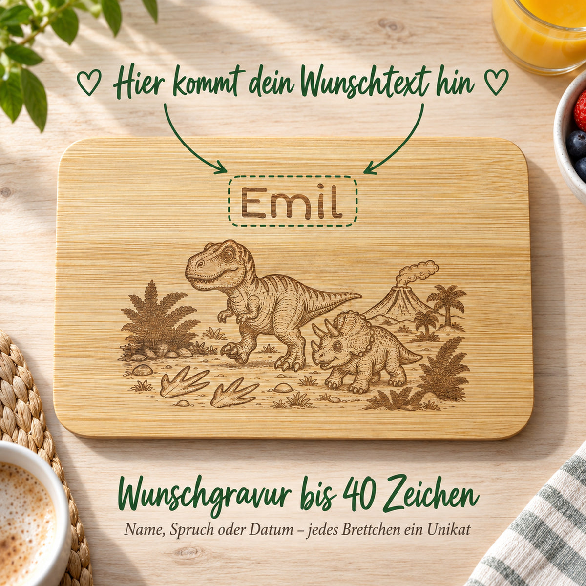 Frühstücksbrettchen Dino mit Beispielen für die Wunschgravur, bis zu 40 Zeichen frei wählbar.
