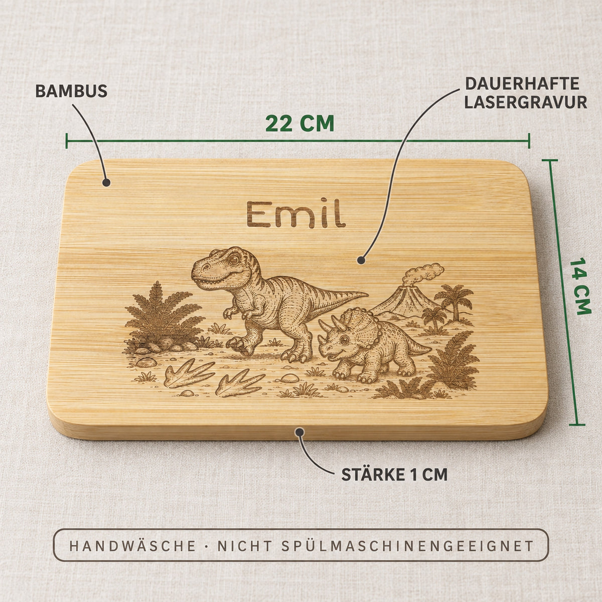 Frühstücksbrettchen Dino aus Bambus, Maße 22 x 14 x 1 cm, Handwäsche, nicht spülmaschinengeeignet.