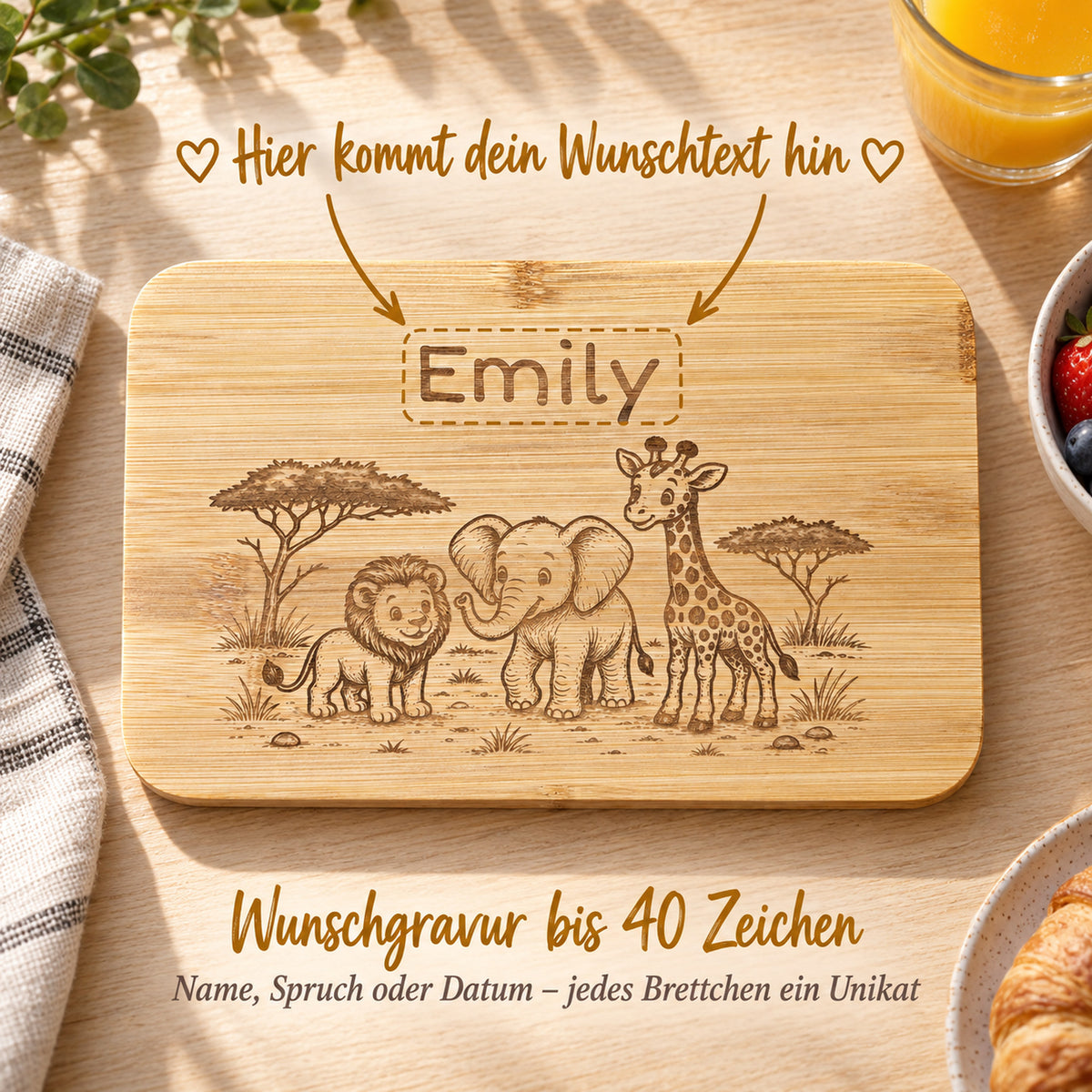Frühstücksbrettchen Safari mit Beispielen für die Wunschgravur, bis zu 40 Zeichen frei wählbar.