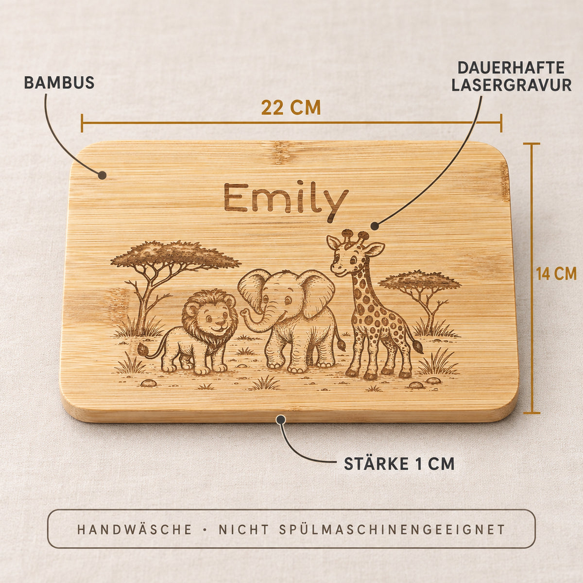 Frühstücksbrettchen Safari aus Bambus, Maße 22 x 14 x 1 cm, Handwäsche, nicht spülmaschinengeeignet.