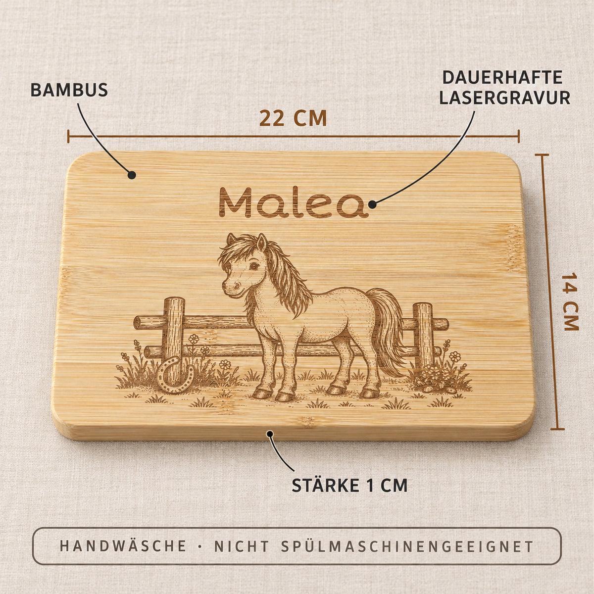 Frühstücksbrettchen Pony aus Bambus, Maße 22 x 14 x 1 cm, Handwäsche, nicht spülmaschinengeeignet.