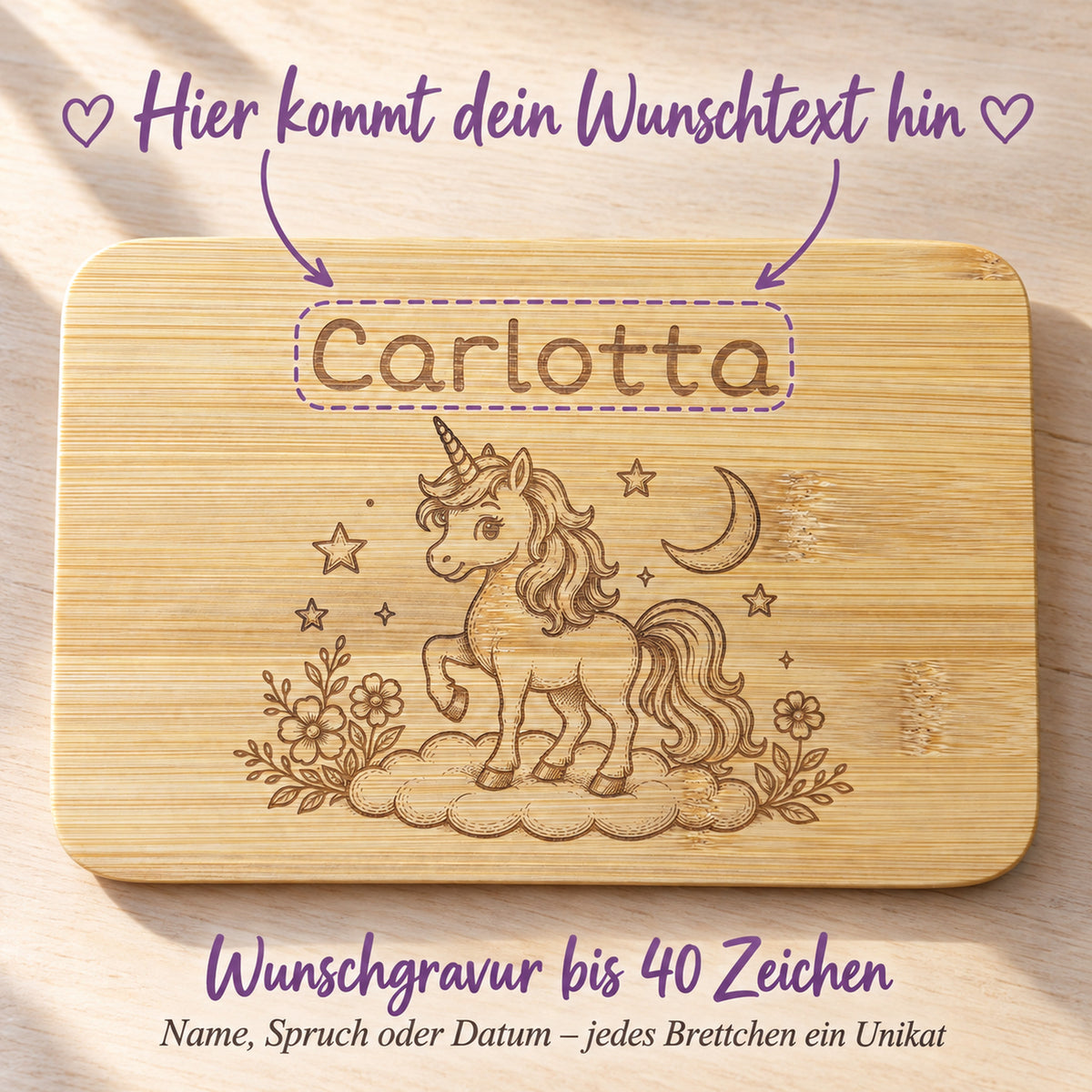 Frühstücksbrettchen Einhorn mit Beispielen für die Wunschgravur, bis zu 40 Zeichen frei wählbar.