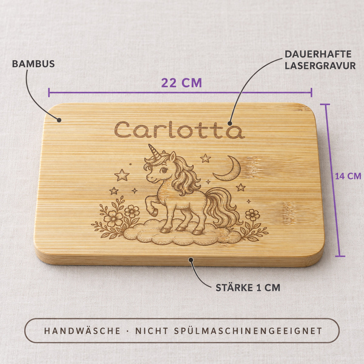 Frühstücksbrettchen Einhorn aus Bambus, Maße 22 x 14 x 1 cm, Handwäsche, nicht spülmaschinengeeignet.