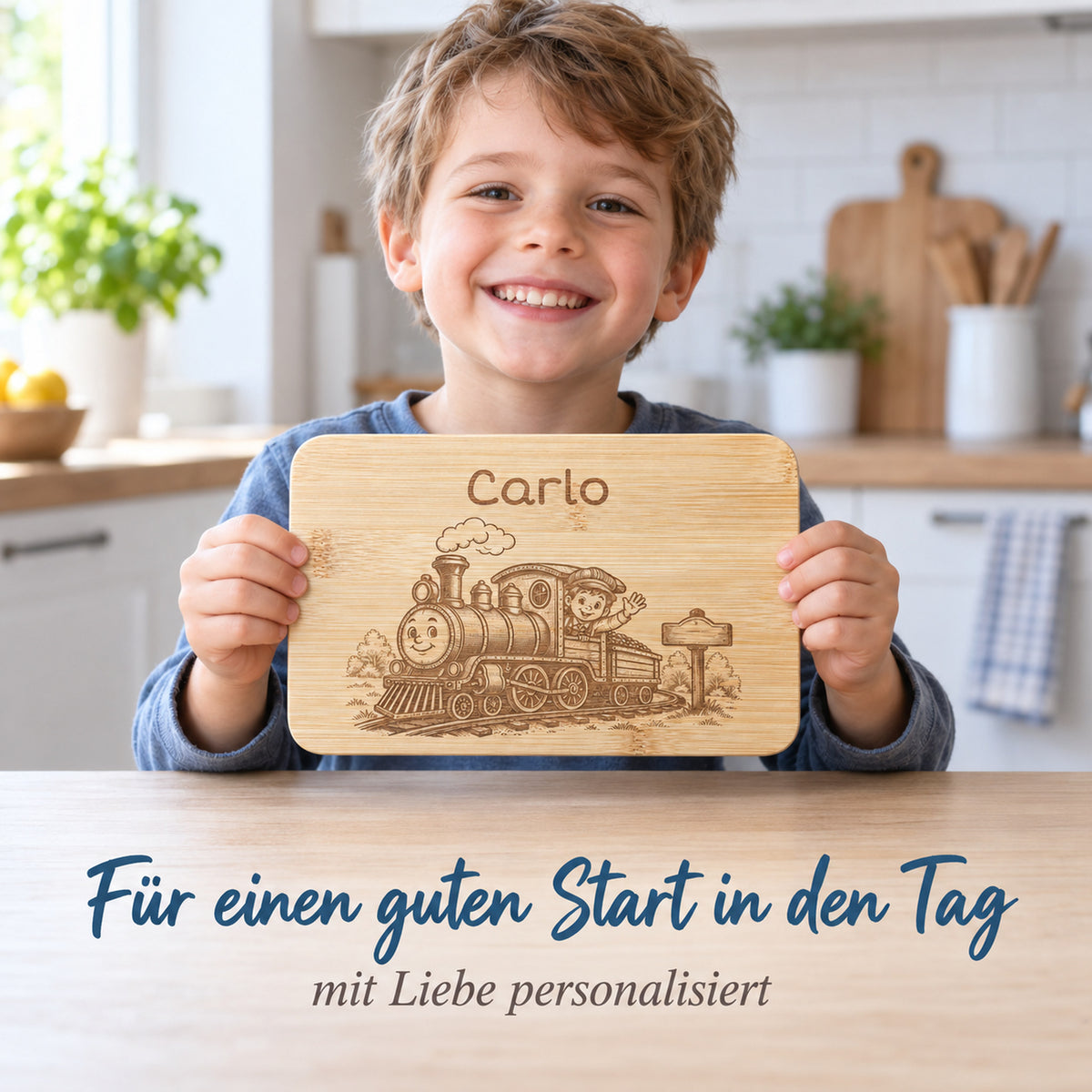 Kind hält das Bambus-Frühstücksbrettchen mit Lokomotive-Motiv und individueller Wunschgravur in den Händen.