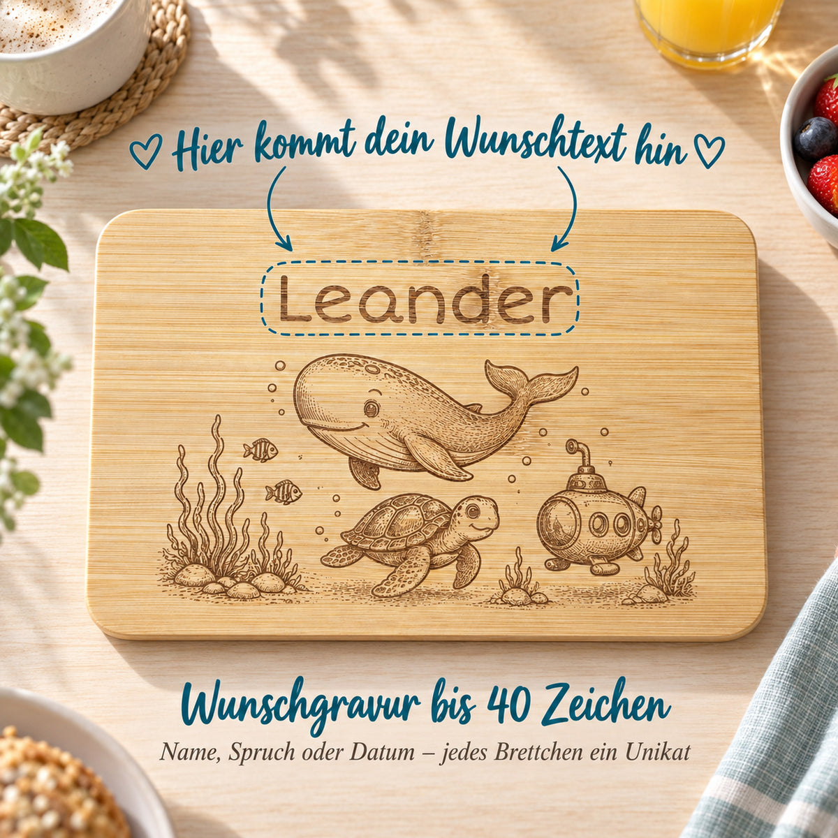 Frühstücksbrettchen Unterwasserwelt mit Beispielen für die Wunschgravur, bis zu 40 Zeichen frei wählbar.