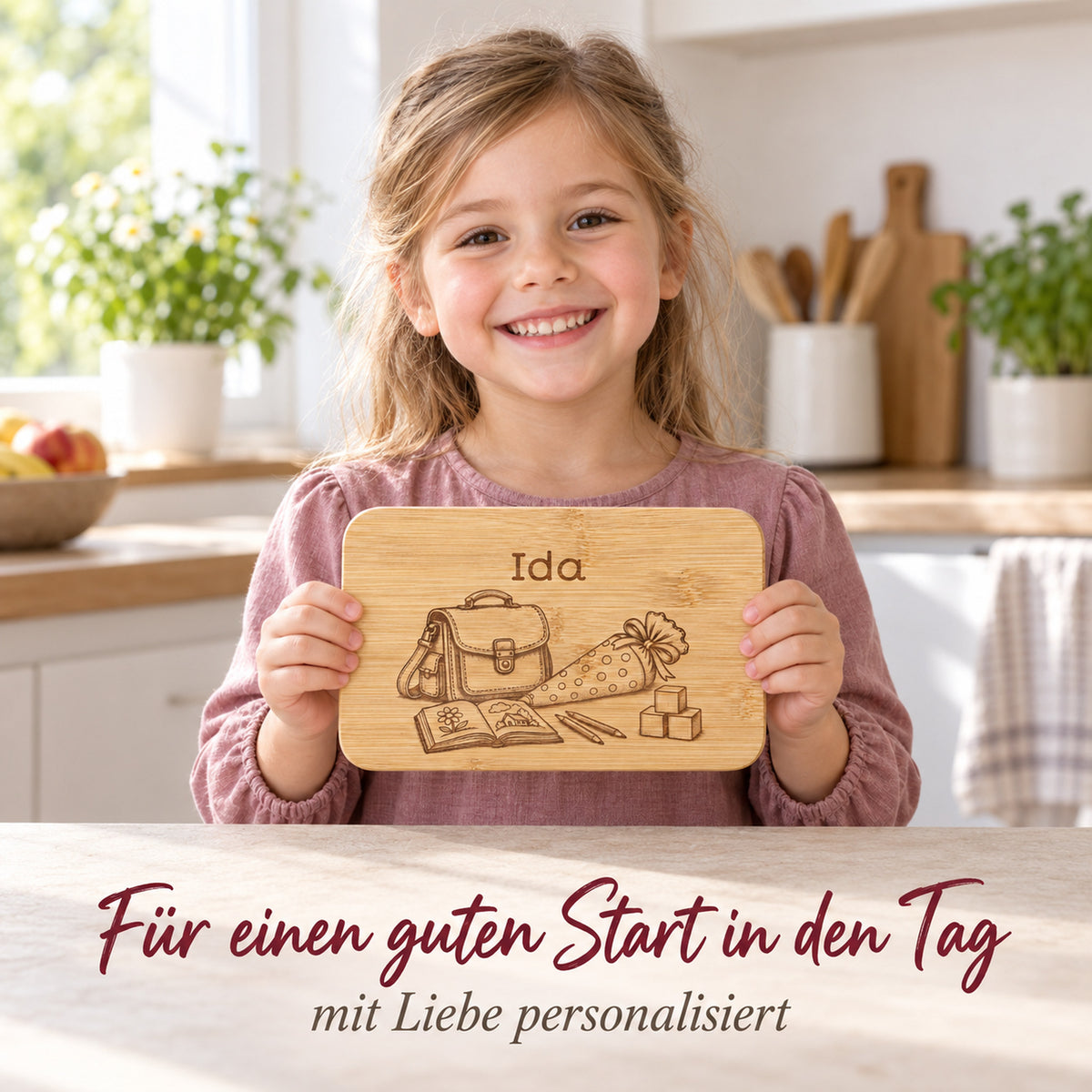 Kind hält das Bambus-Frühstücksbrettchen mit Schulanfang-Motiv und individueller Wunschgravur in den Händen.