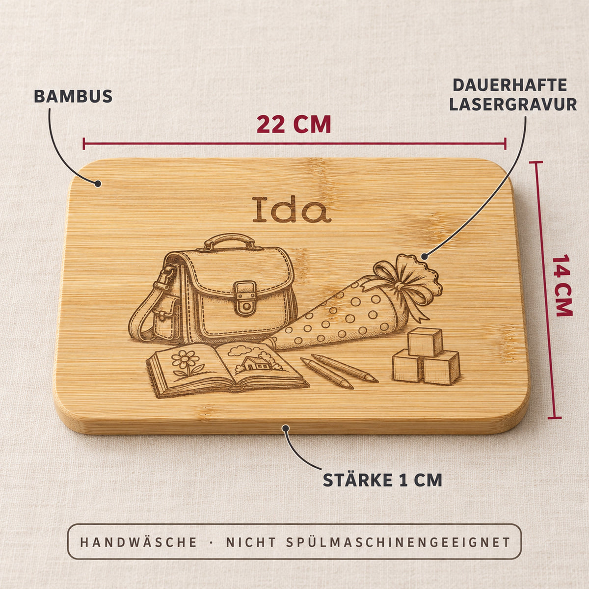 Frühstücksbrettchen Schulanfang aus Bambus, Maße 22 x 14 x 1 cm, Handwäsche, nicht spülmaschinengeeignet.
