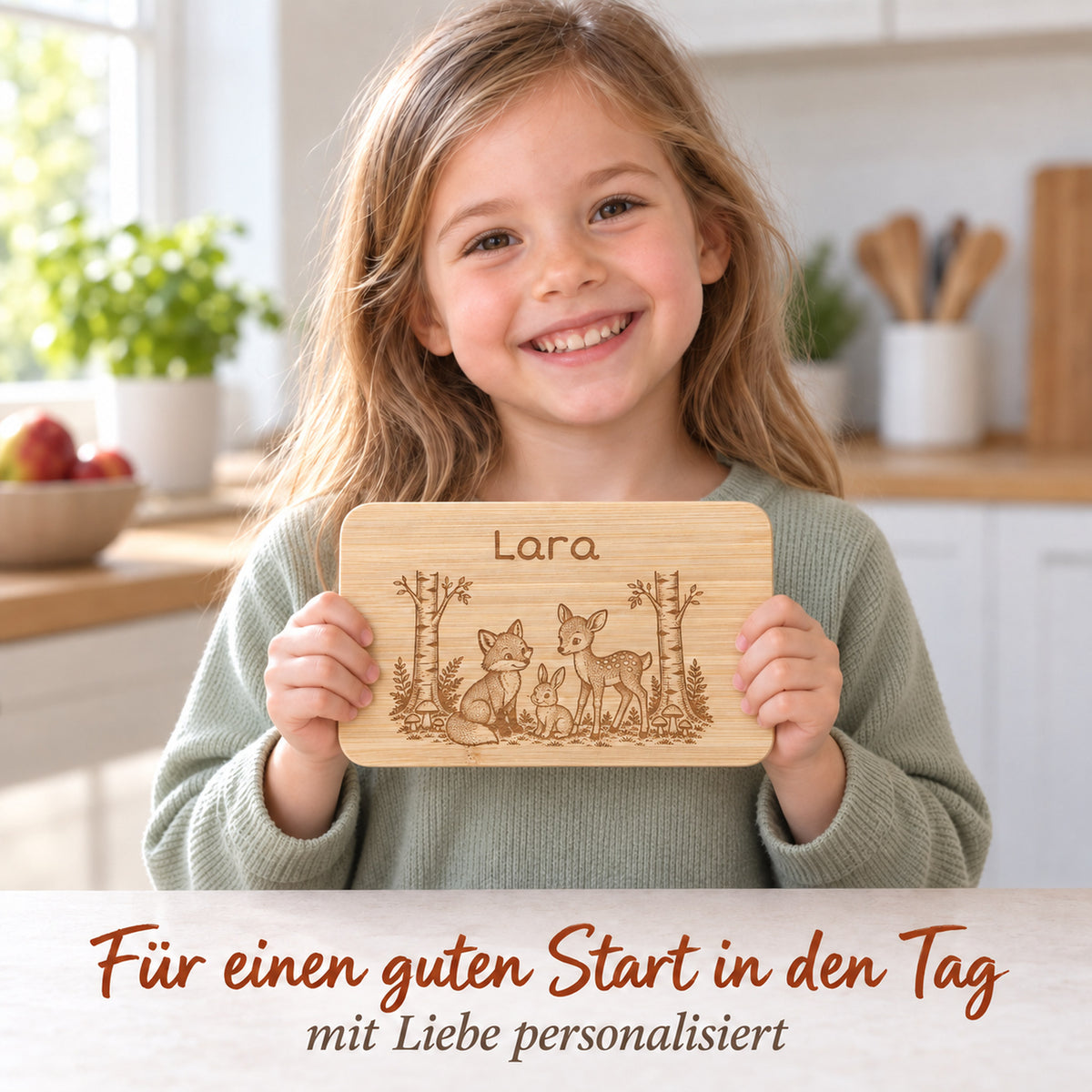 Kind hält das Bambus-Frühstücksbrettchen mit Waldtiere-Motiv und individueller Wunschgravur in den Händen.