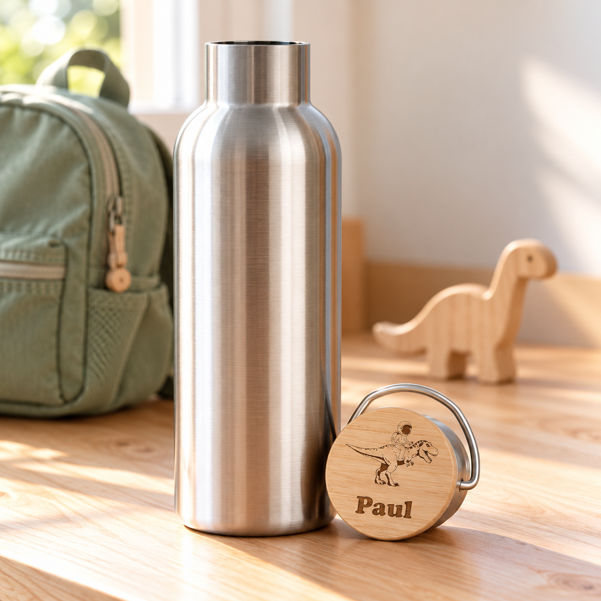 Personalisierte Kinder-Trinkflasche aus Edelstahl mit graviertem Bambusdeckel – Astronaut auf T-Rex und Wunschname – auf einem hellen Kinderschreibtisch