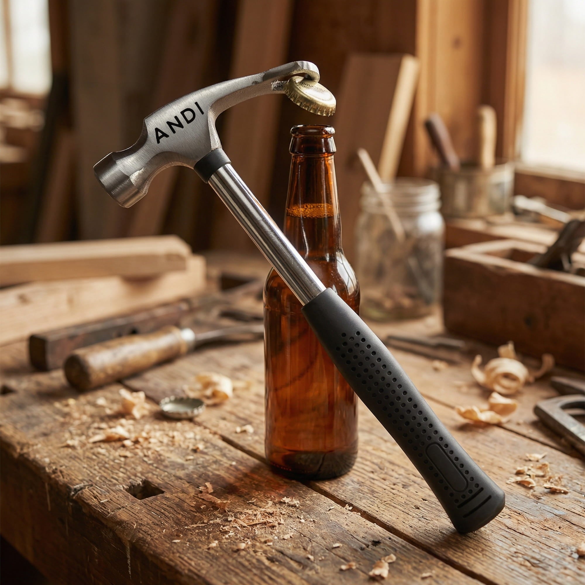 Personalisierter Hammer mit Flaschenöffner öffnet Bierflasche in Werkstatt – Gravur „ANDI“ auf Stahlkopf