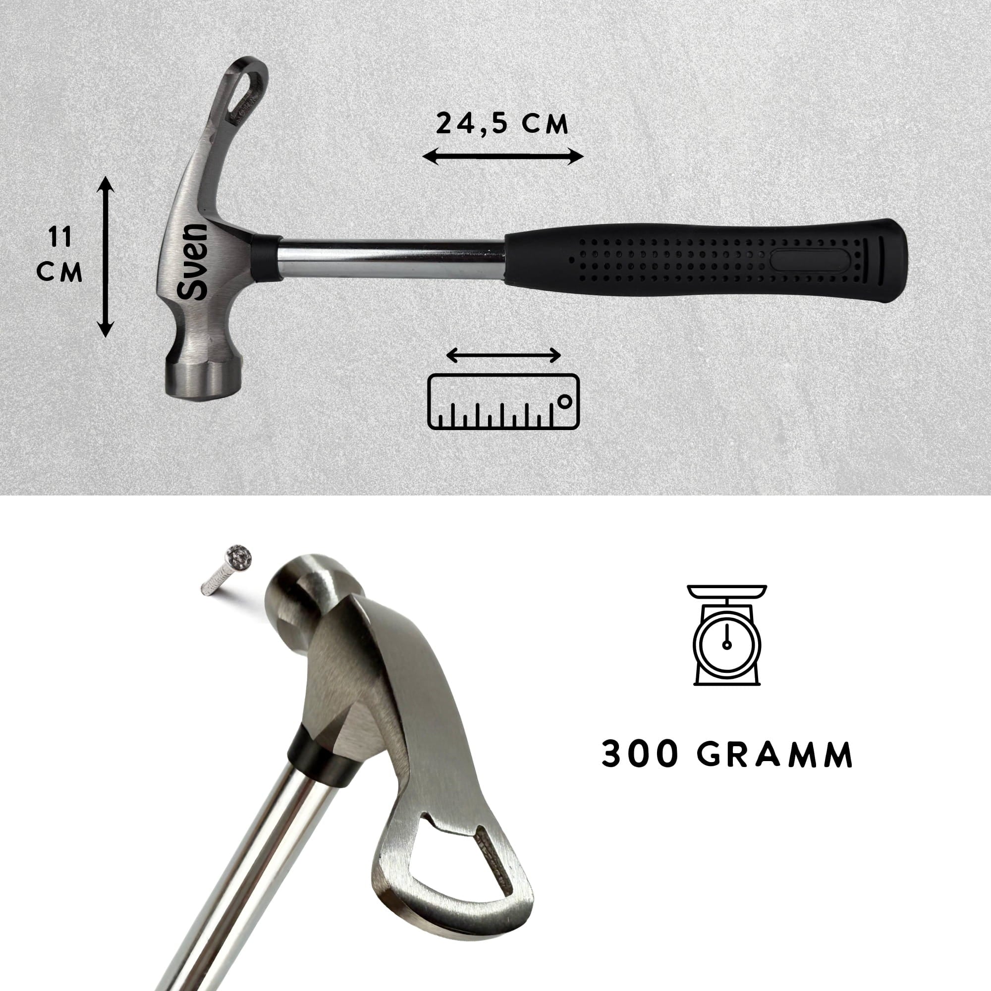Maßangaben personalisierter Hammer – 24,5 cm Länge, 11 cm Kopf, 300 Gramm Gewicht