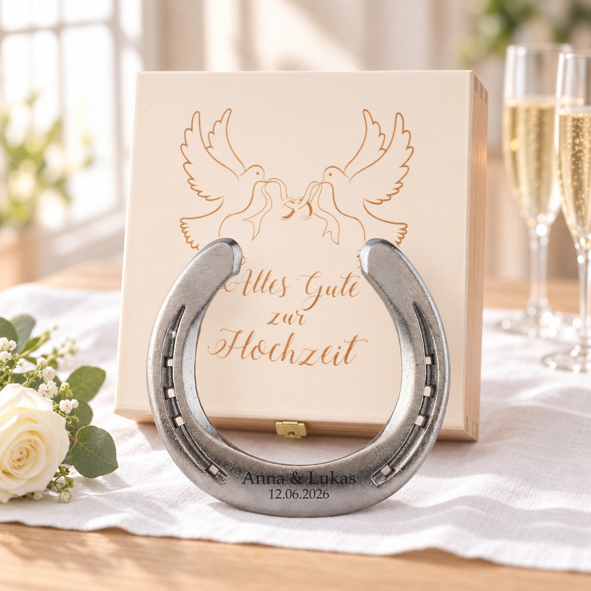 Hochzeitsgeschenk Glückshufeisen mit Holzbox „Alles Gute zur Hochzeit“ – Natur