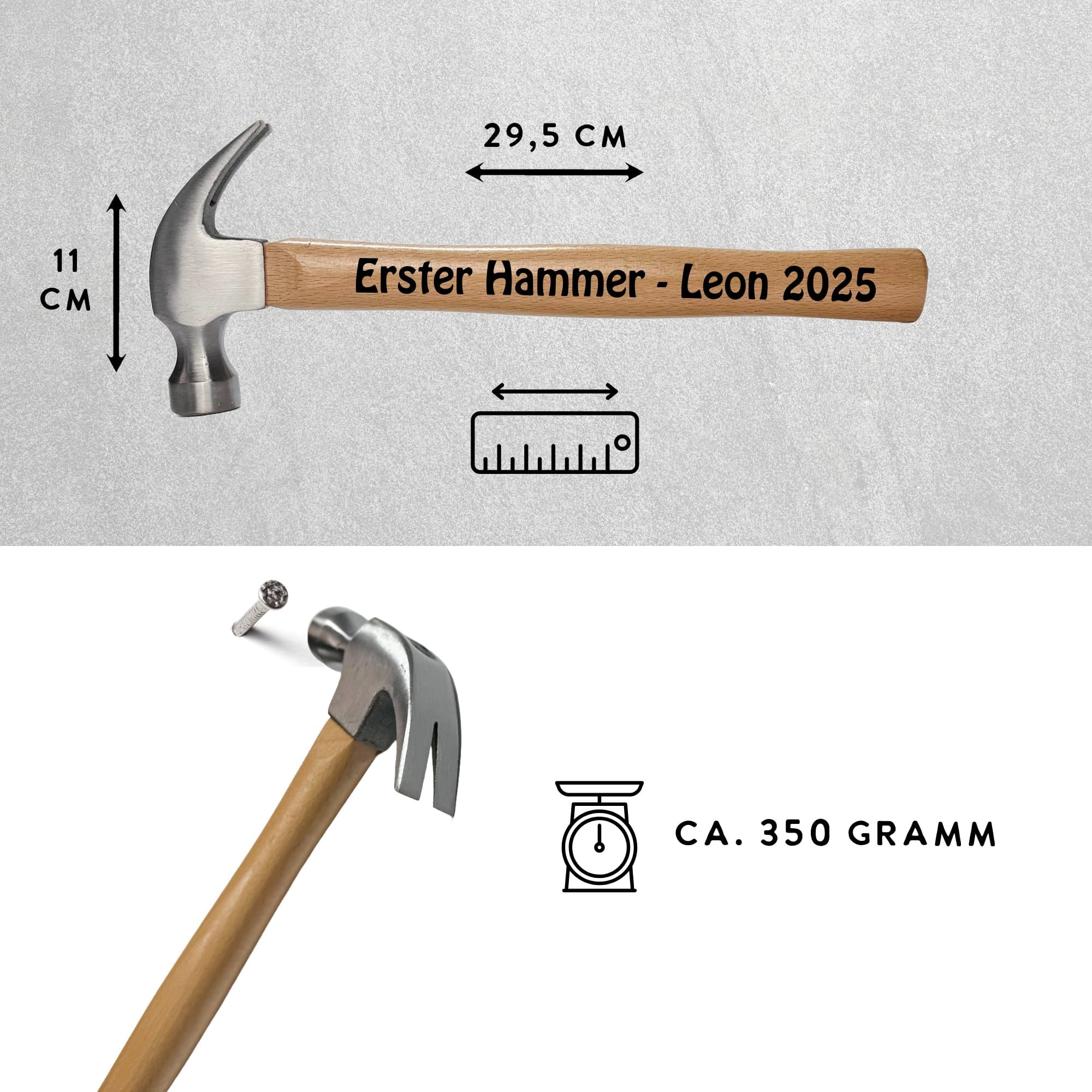 Maßangaben personalisierter Hammer 29,5 cm Länge und 11 cm Kopfbreite mit individueller Lasergravur