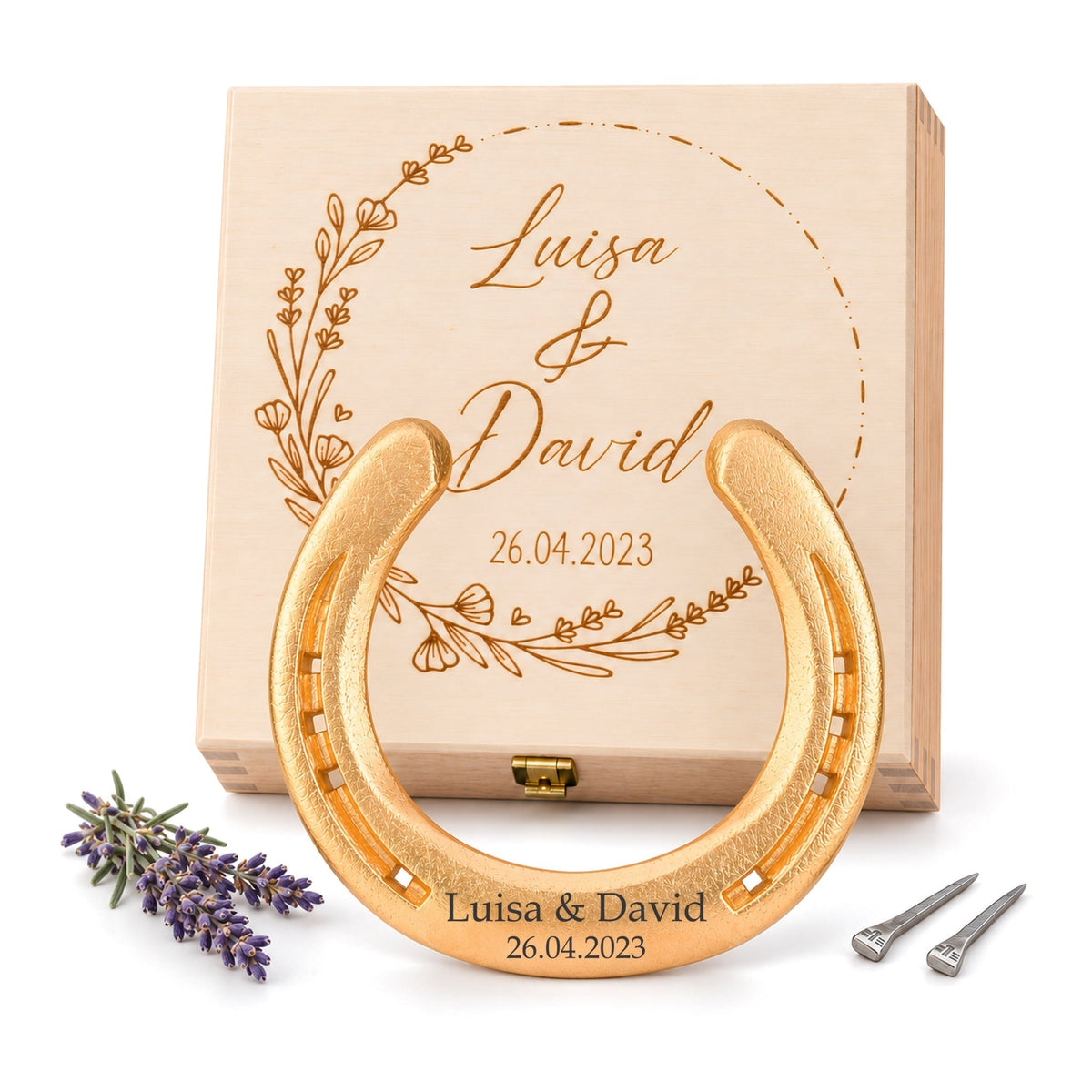 Hochzeitsgeschenk Glückshufeisen mit Holzbox „Blumenkranz“ – Vergoldet (24 Karat)