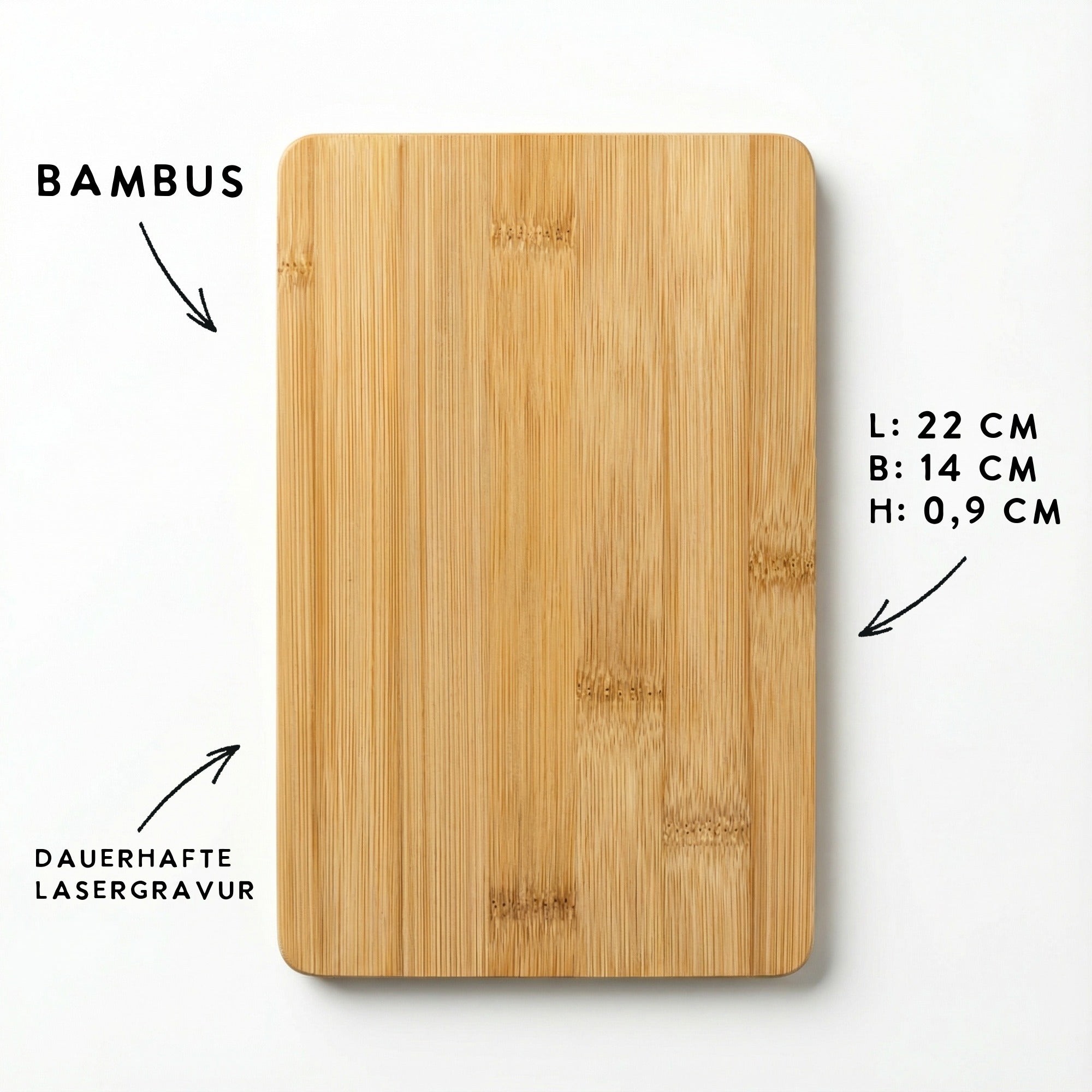 Bambus Frühstücksbrettchen 22x14 cm mit dauerhaft lasergravierter Personalisierung, Produktdetails und Maßangaben.