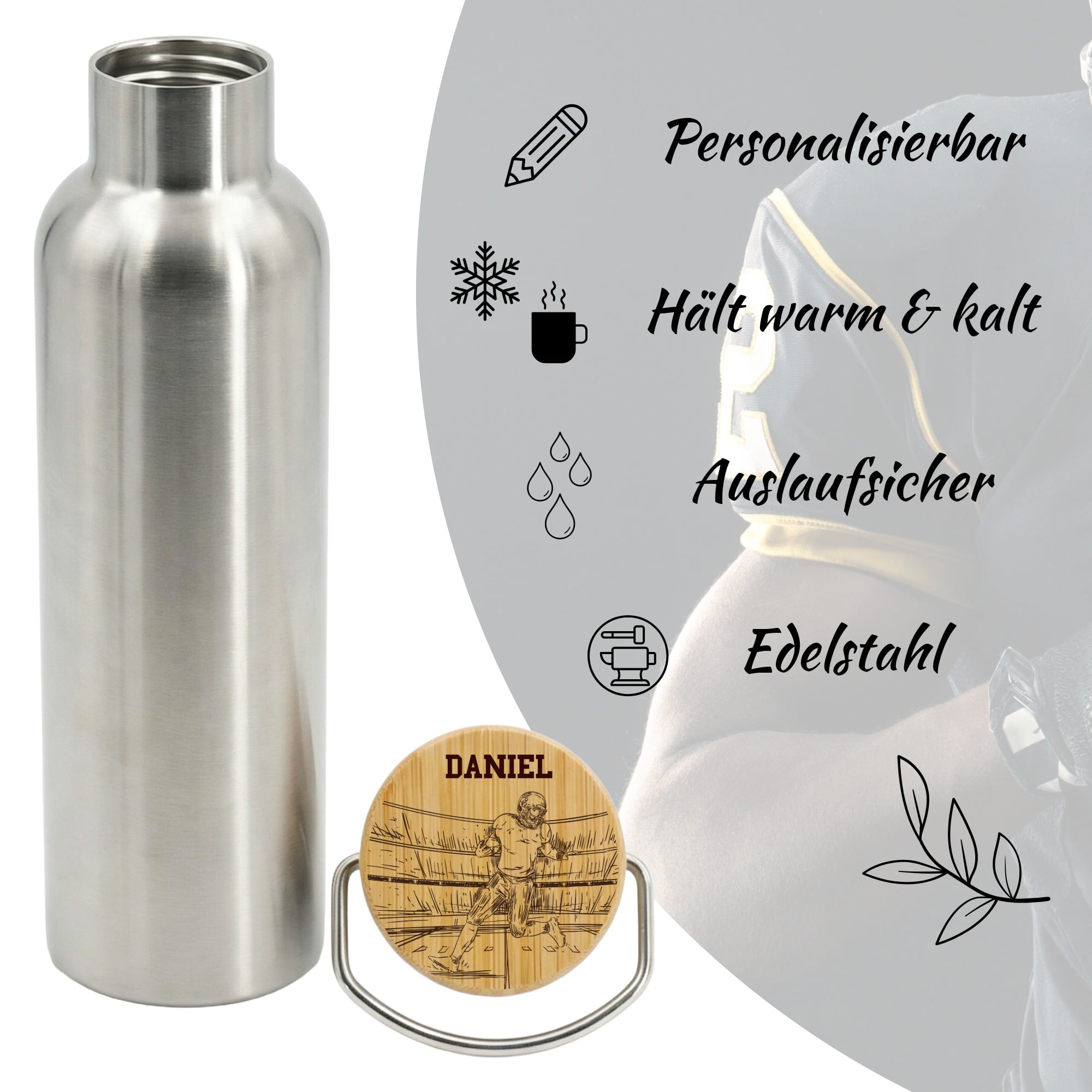 Personalisierte Edelstahl Trinkflasche mit Bambusdeckel auslaufsicher und isolierend