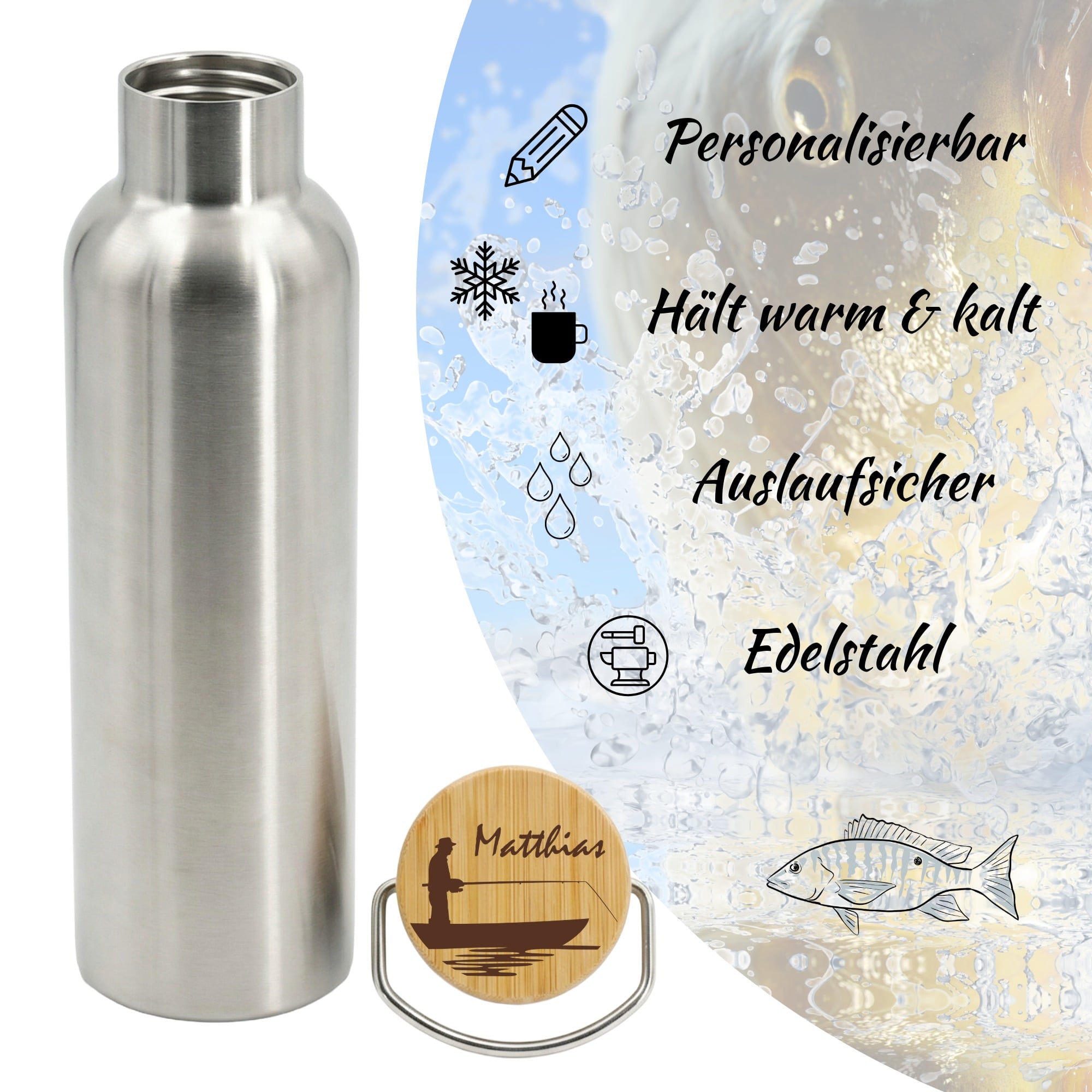 Personalisierbare Edelstahl Trinkflasche mit Angler-Motiv und Name