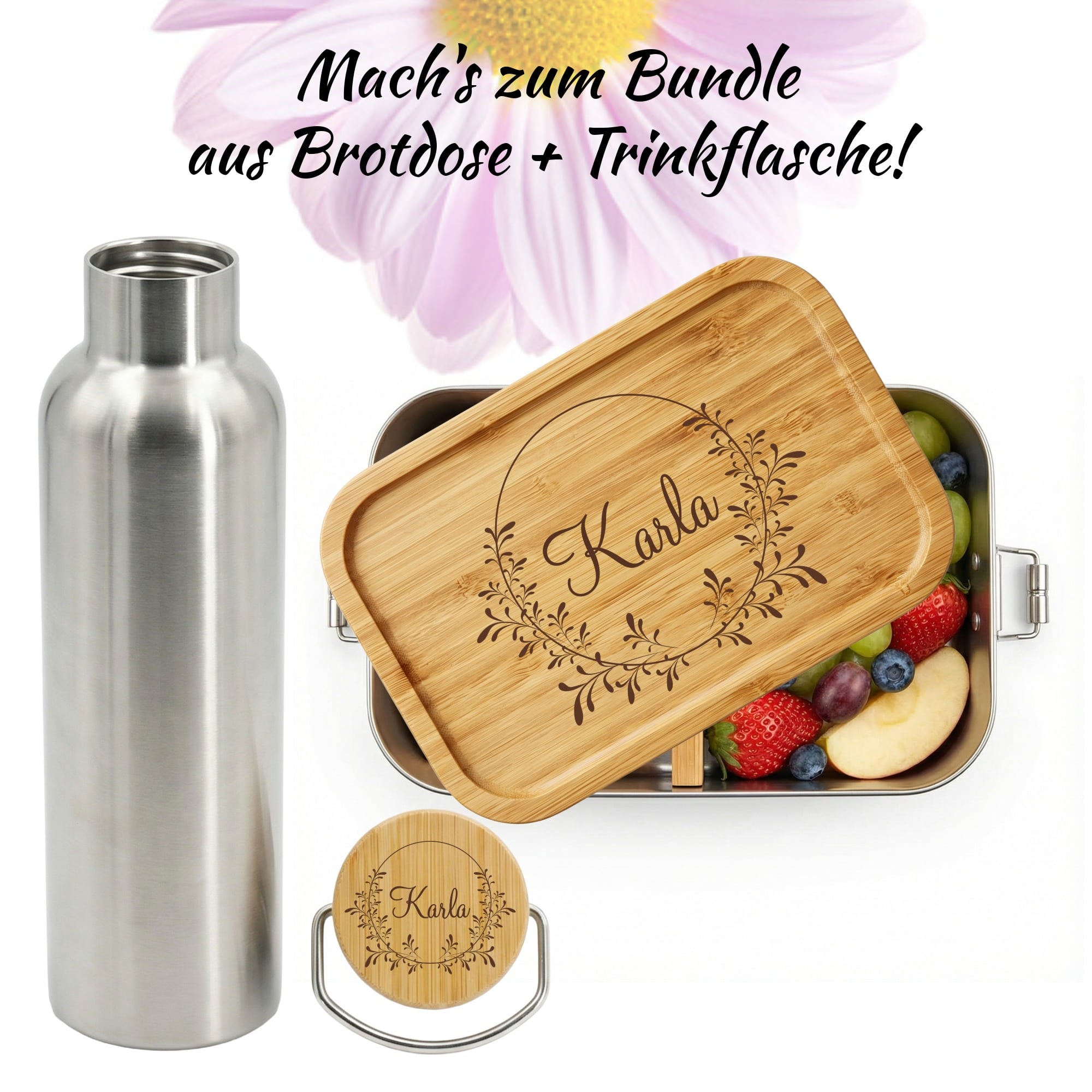 Lunchbox mit Blumenkranz-Motiv und individuellem Namen, offen mit Inhalt