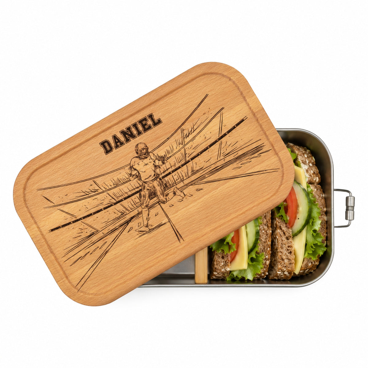 Personalisierte Brotdose mit Buchenholzdeckel und Gravur „American Football“