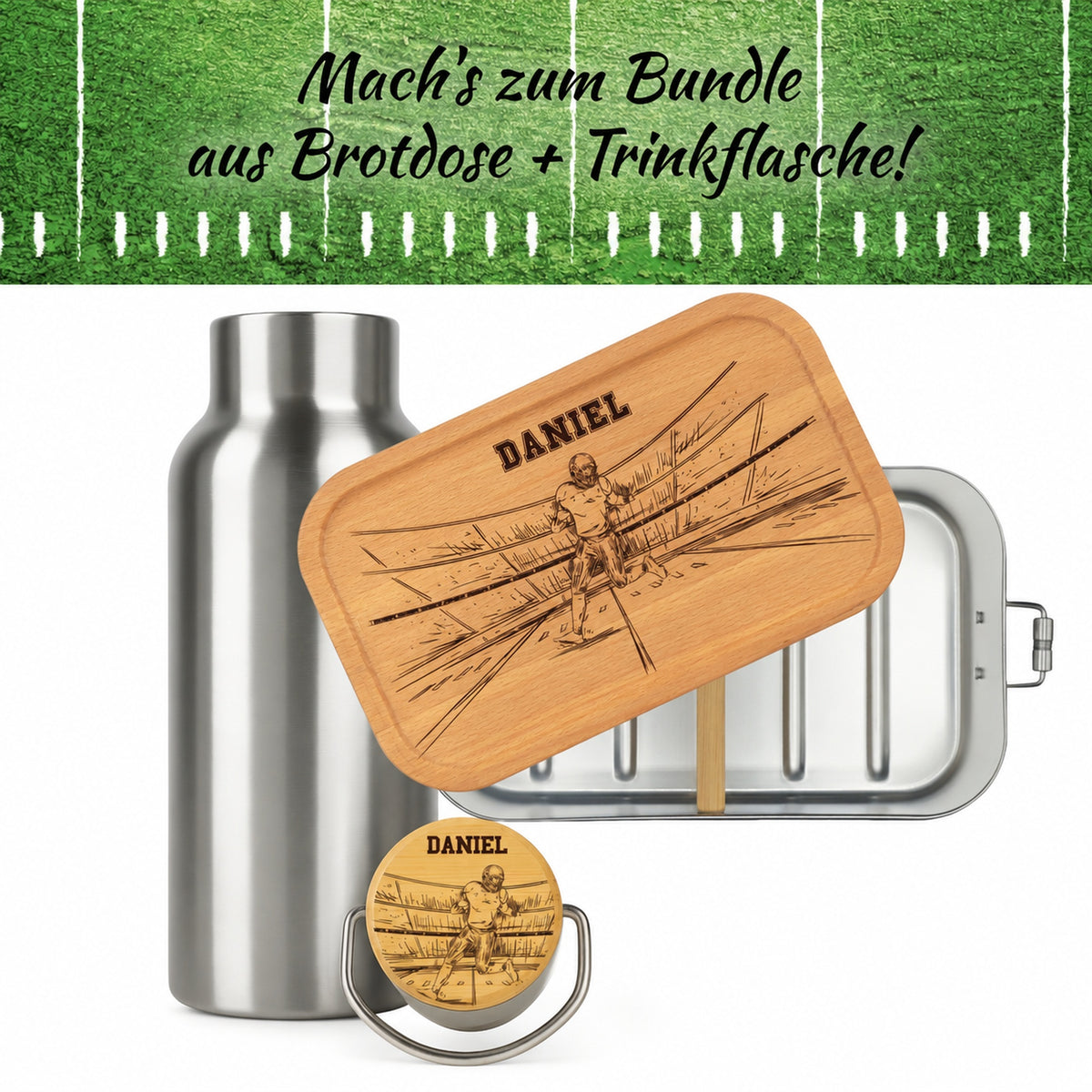 Brotdose mit Buchenholzdeckel und Trinkflasche als Bundle, Gravur „American Football“