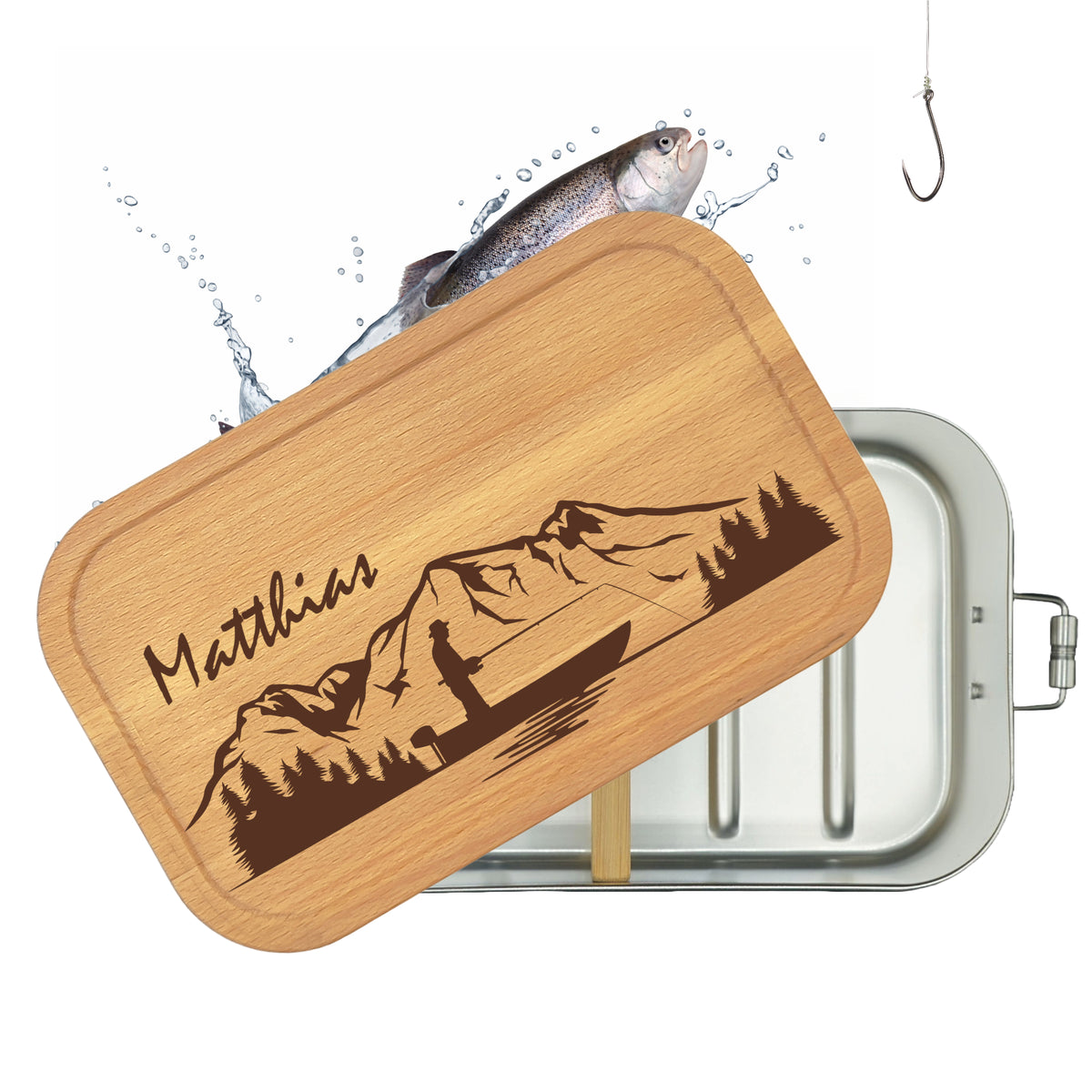 Personalisierte Brotdose mit Buchenholzdeckel, graviert mit Angler-Motiv und Name