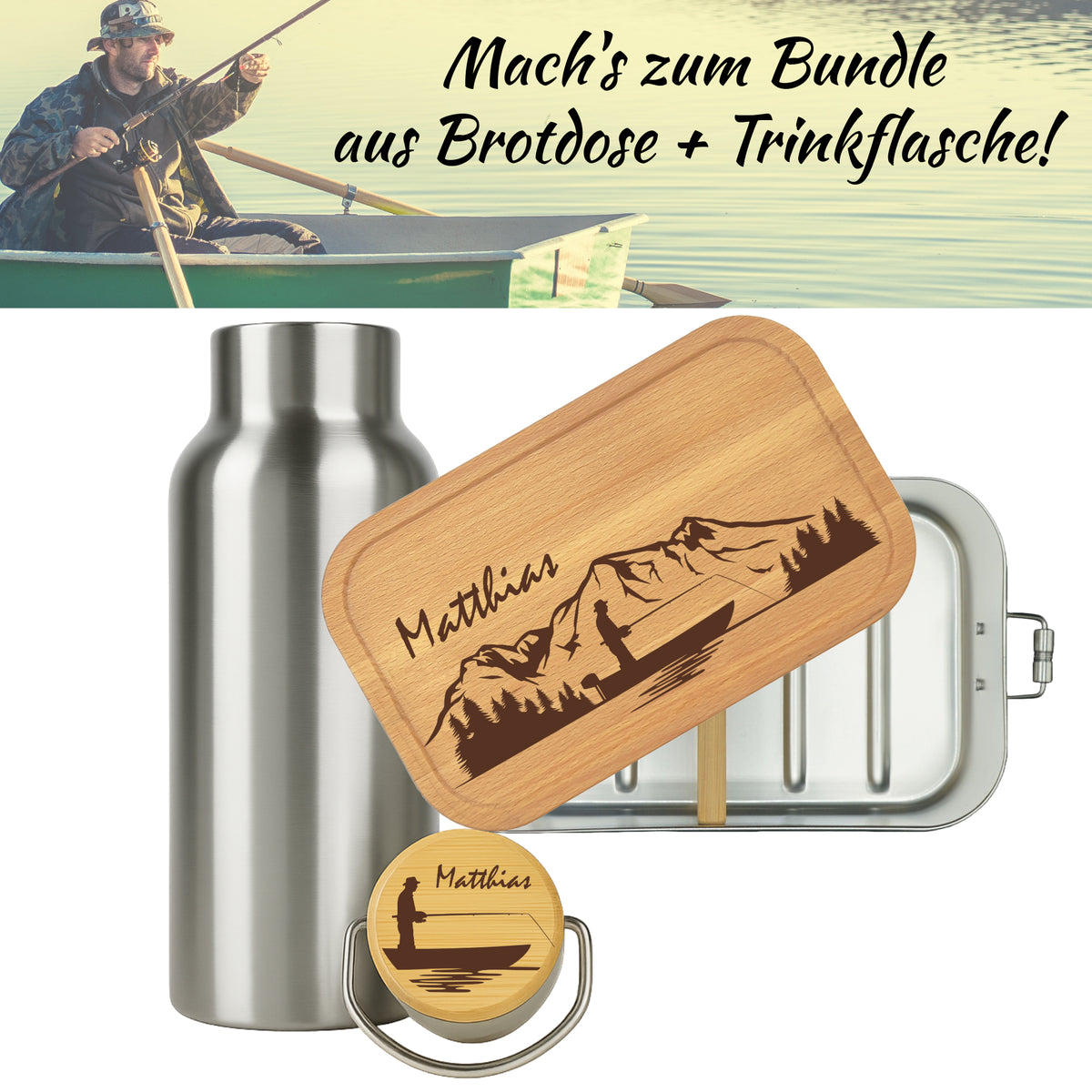 Brotdose mit Buchenholzdeckel und Trinkflasche als Bundle mit Angler-Gravur