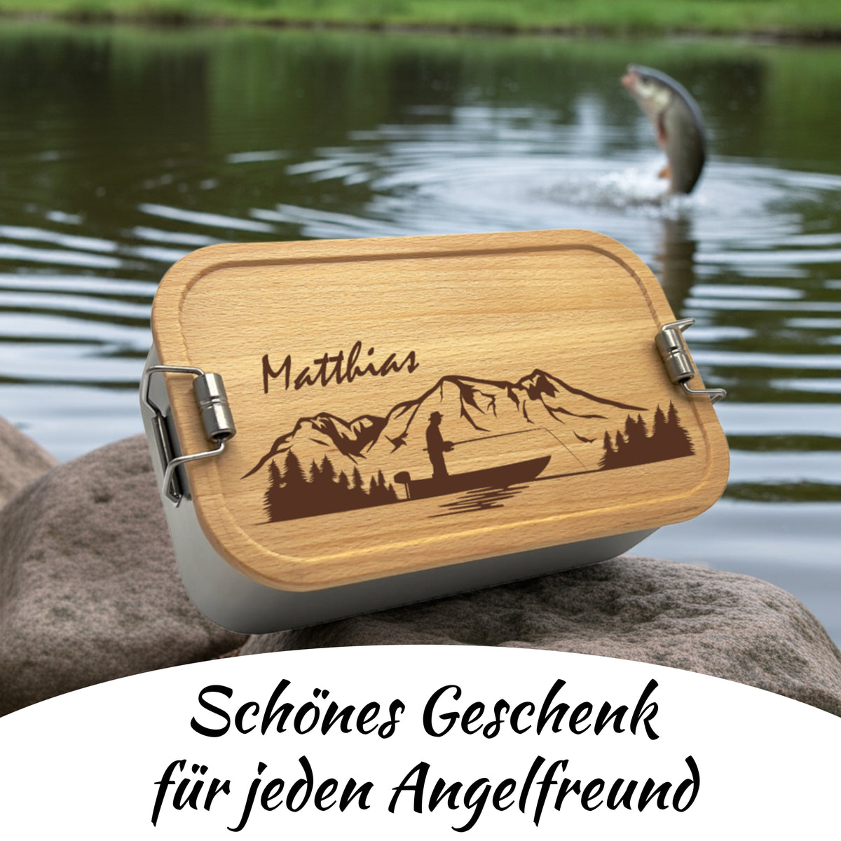 Brotdose mit Buchenholzdeckel und Angler-Gravur am See