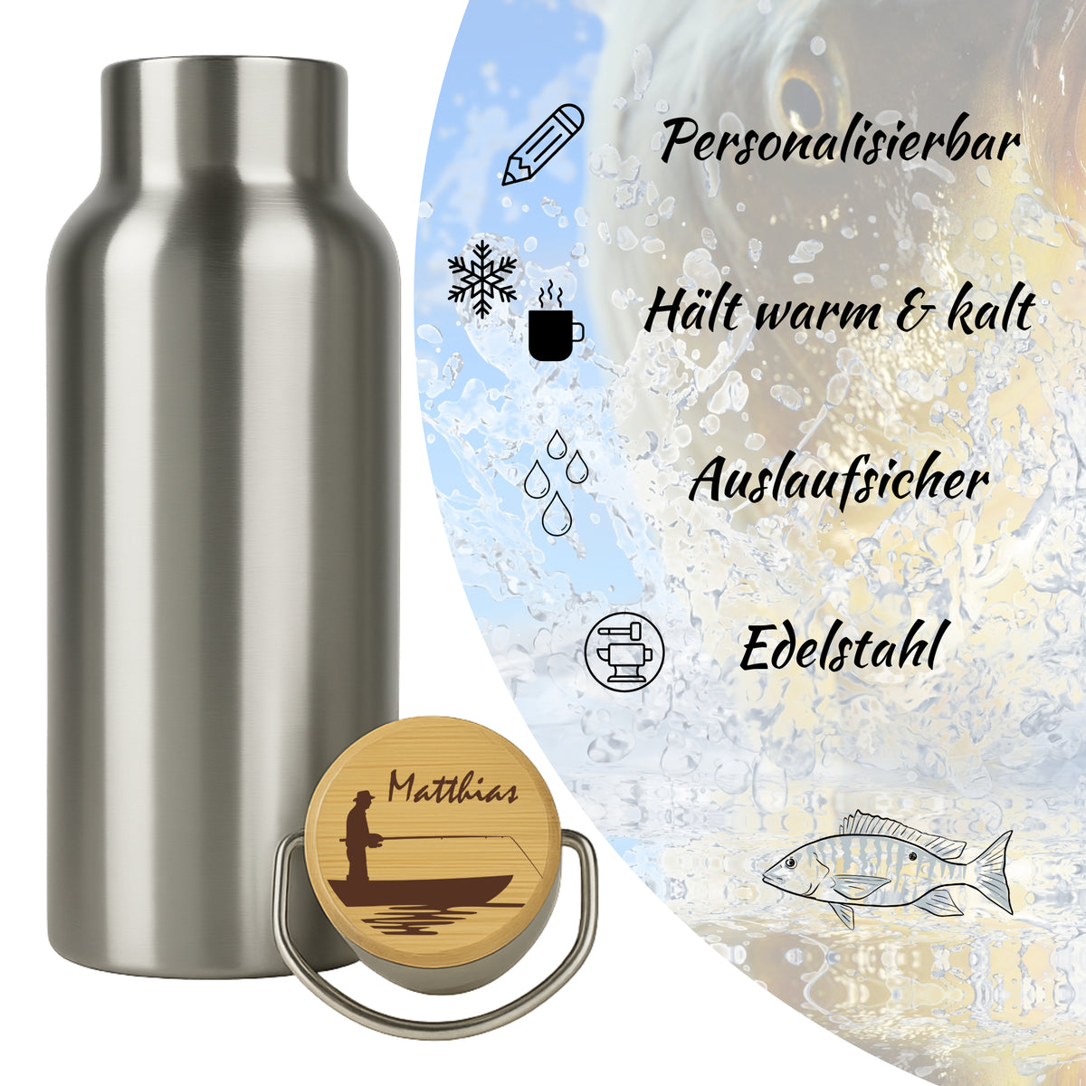 Edelstahl-Trinkflasche mit Holzdeckel und Angler-Gravur